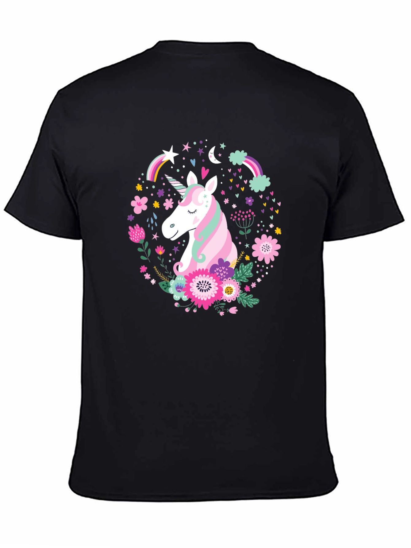 Unicorn Floral Graphic Black T-Shirt
