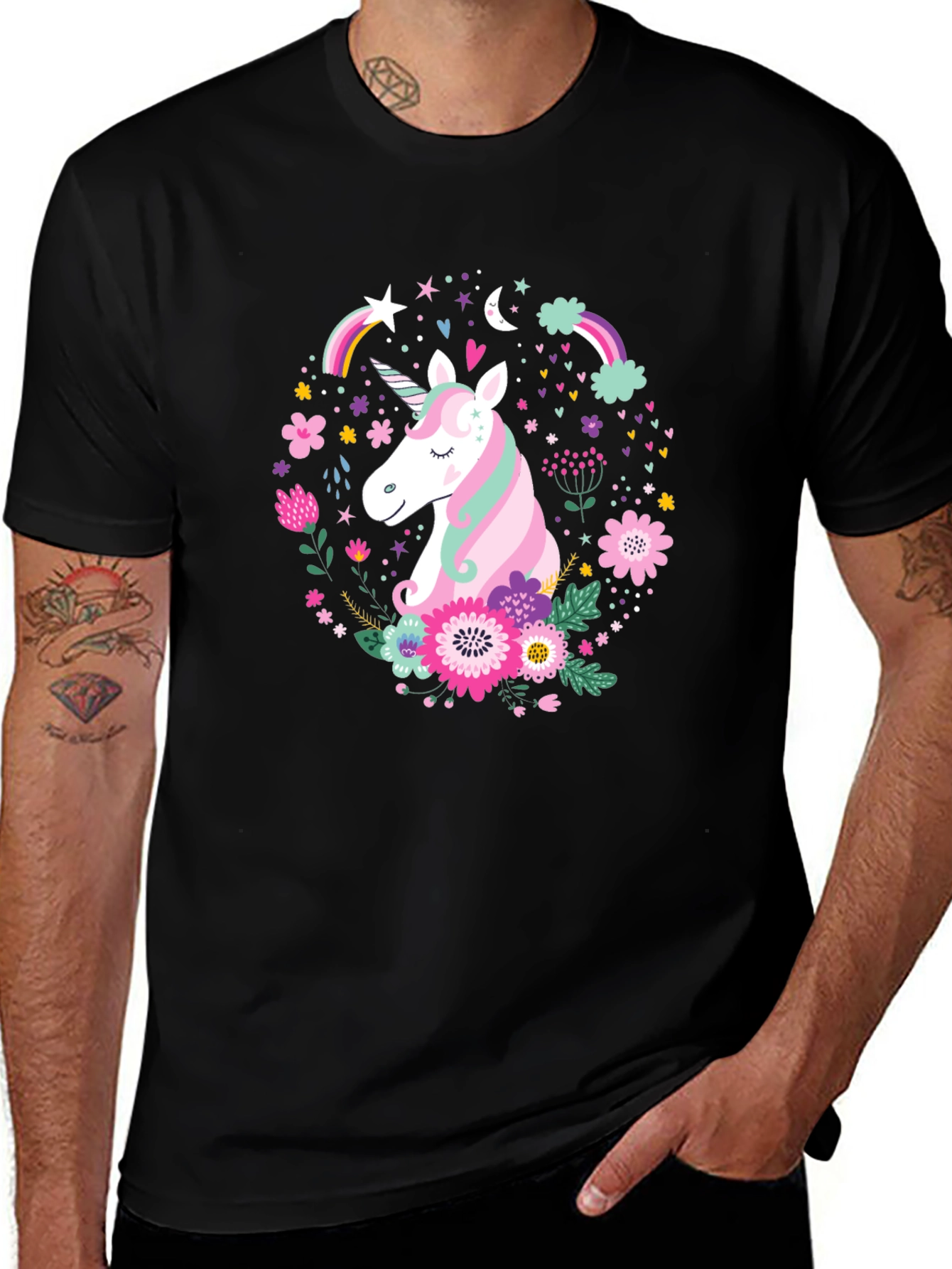 Unicorn Floral Graphic Black T-Shirt