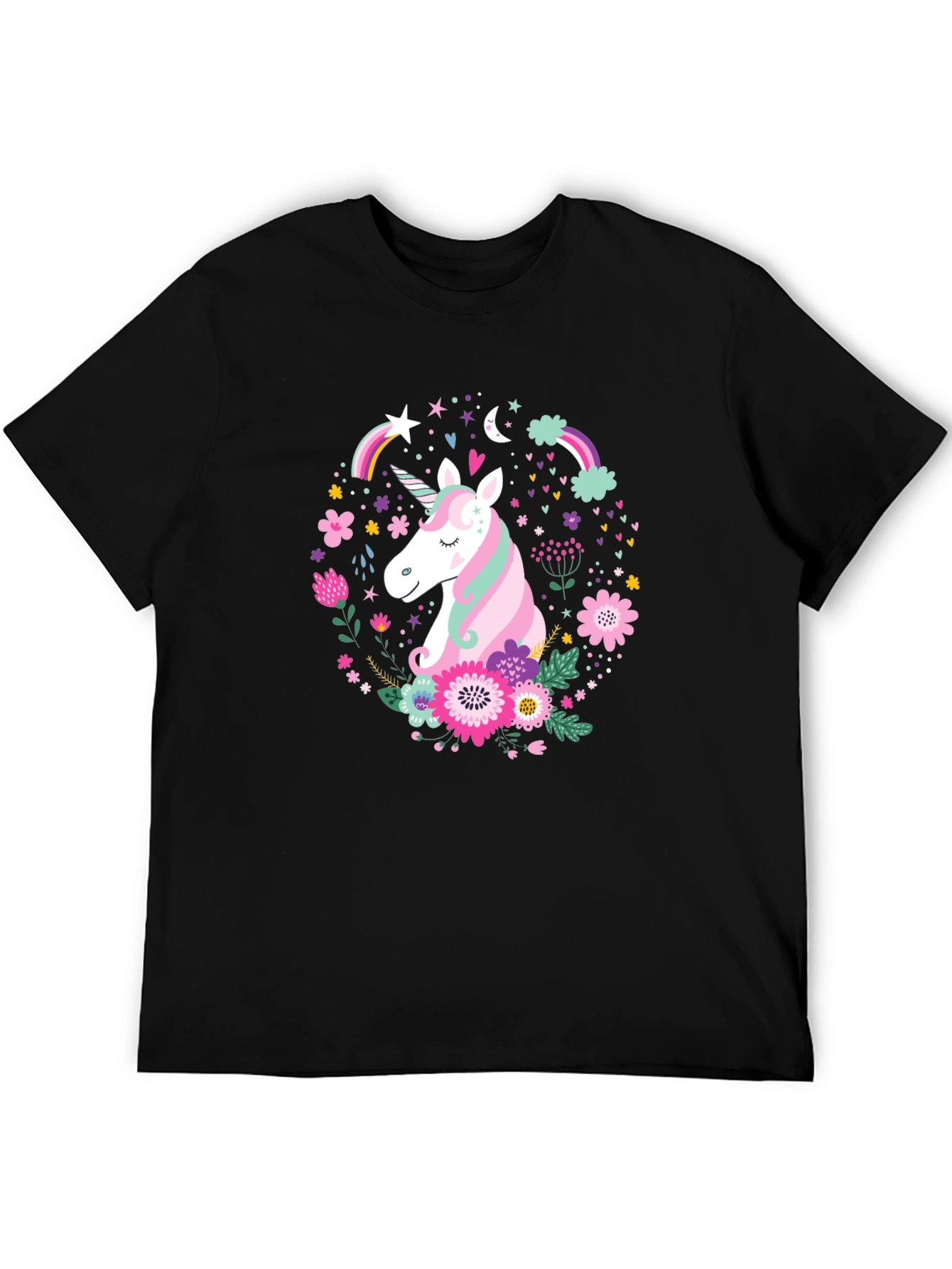 Unicorn Floral Graphic Black T-Shirt