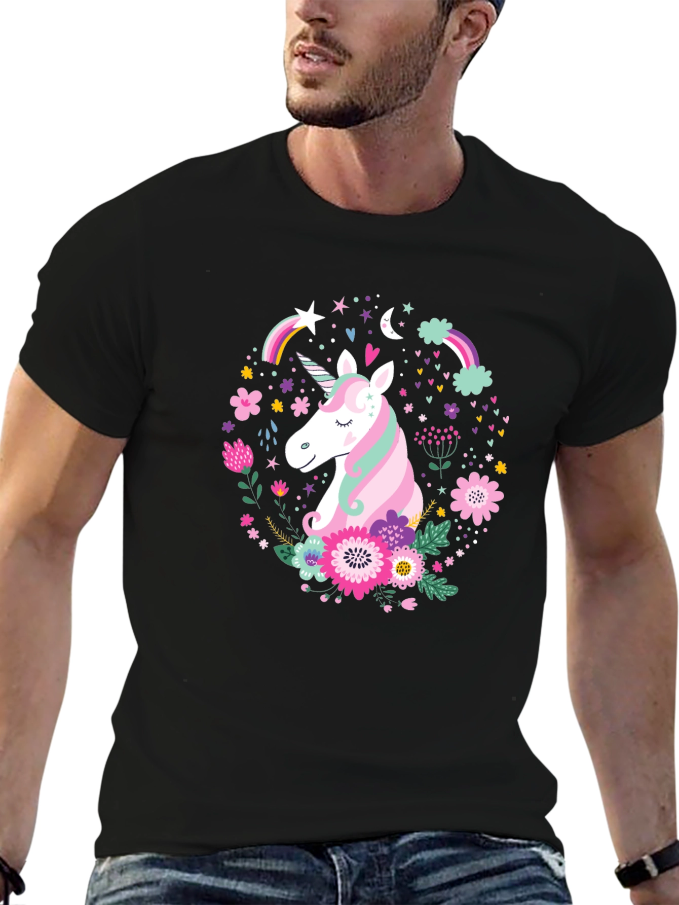 Unicorn Floral Graphic Black T-Shirt