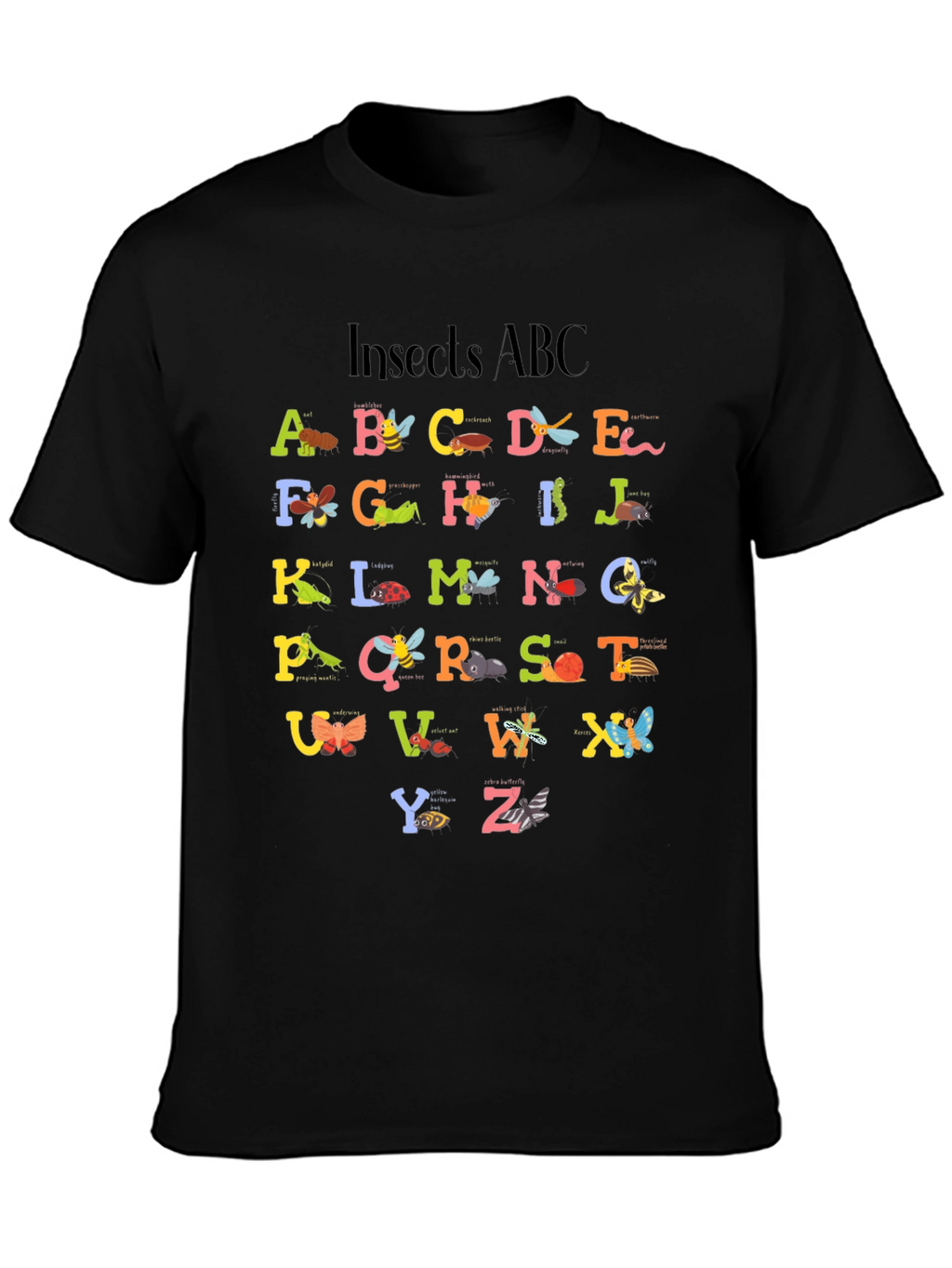 Insects ABC Graphic Print Black T-Shirt