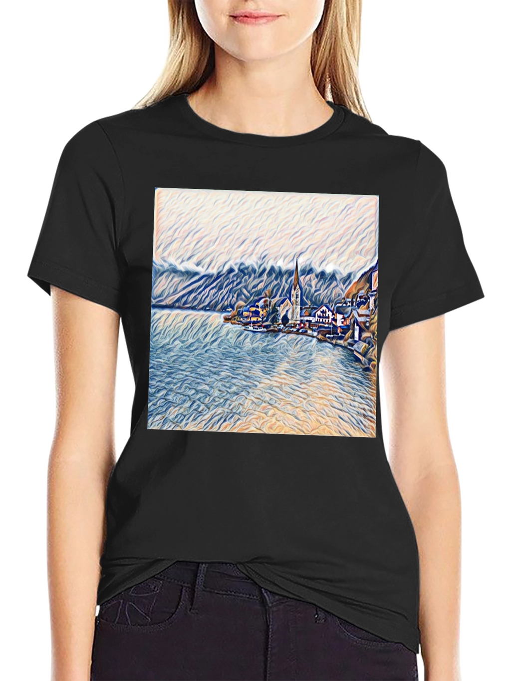 Scenic Lakeside Village Art Print Black T-Shirt