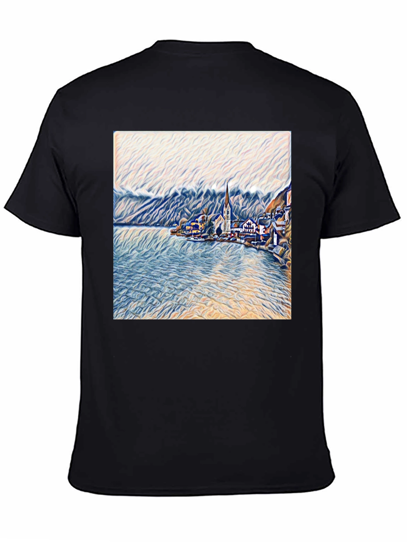 Scenic Lakeside Village Art Print Black T-Shirt