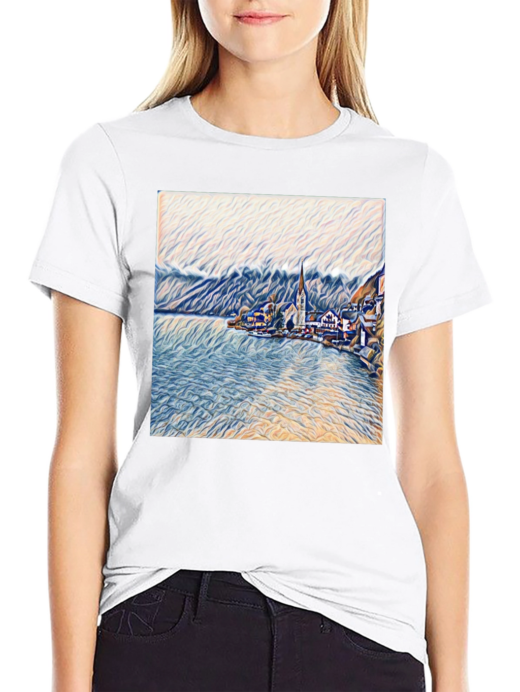 Scenic Lakeside Village Art Print Black T-Shirt