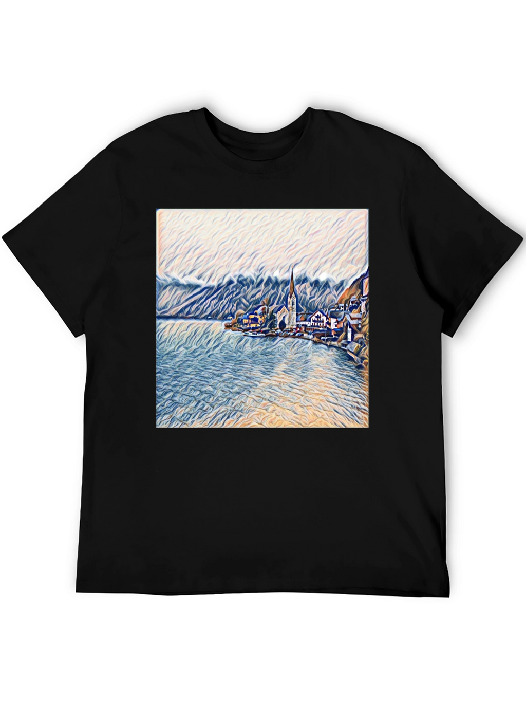 Scenic Lakeside Village Art Print Black T-Shirt