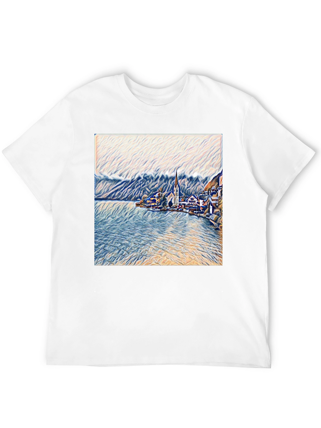 Scenic Lakeside Village Art Print Black T-Shirt