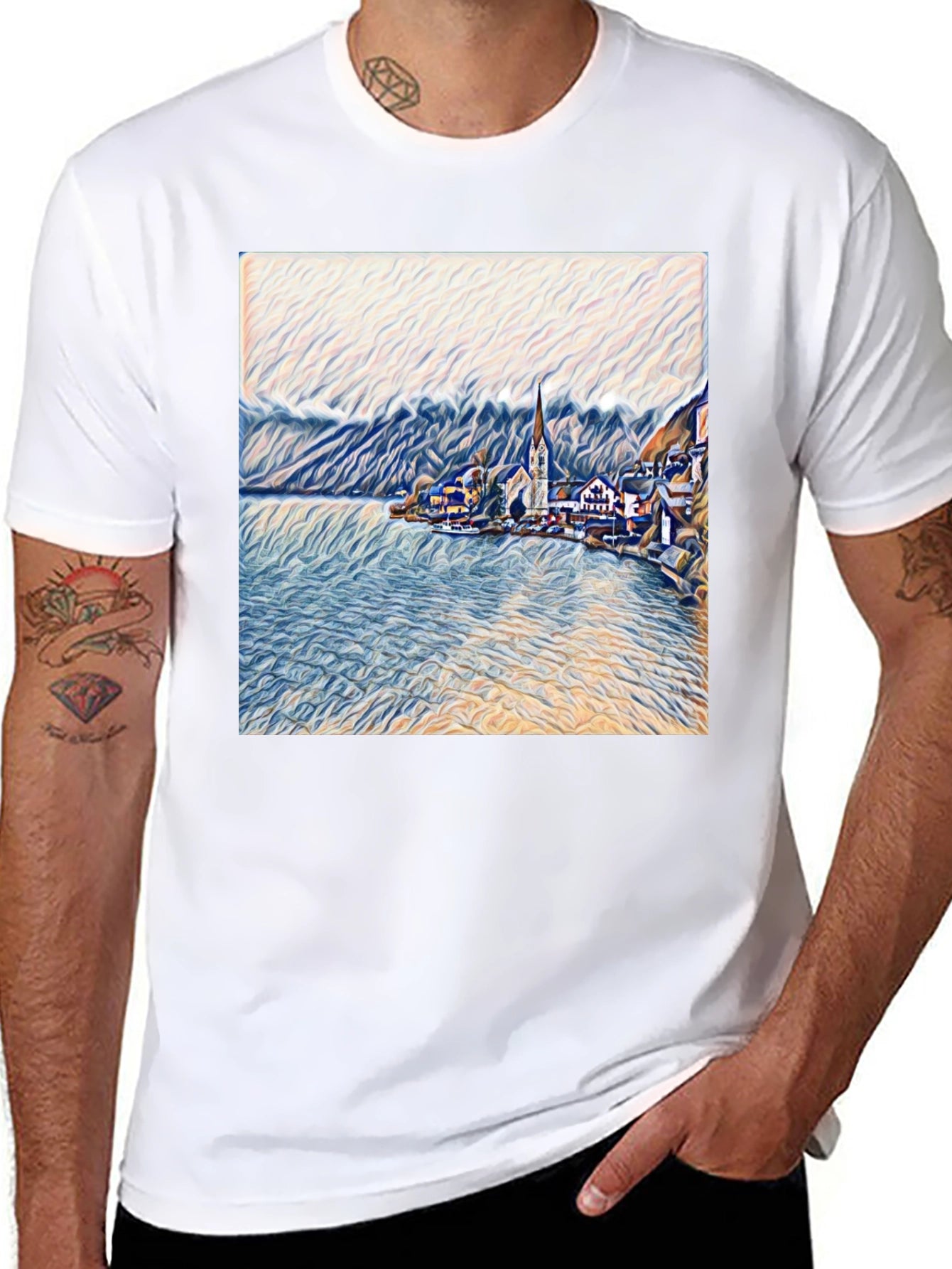 Scenic Lakeside Village Art Print Black T-Shirt