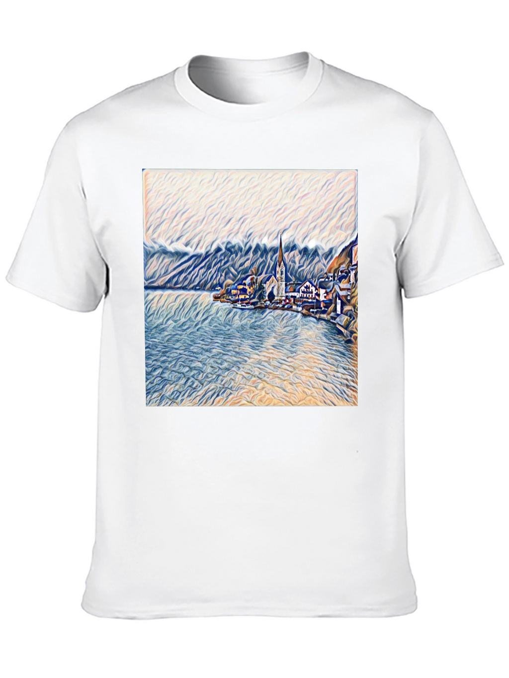 Scenic Lakeside Village Art Print Black T-Shirt