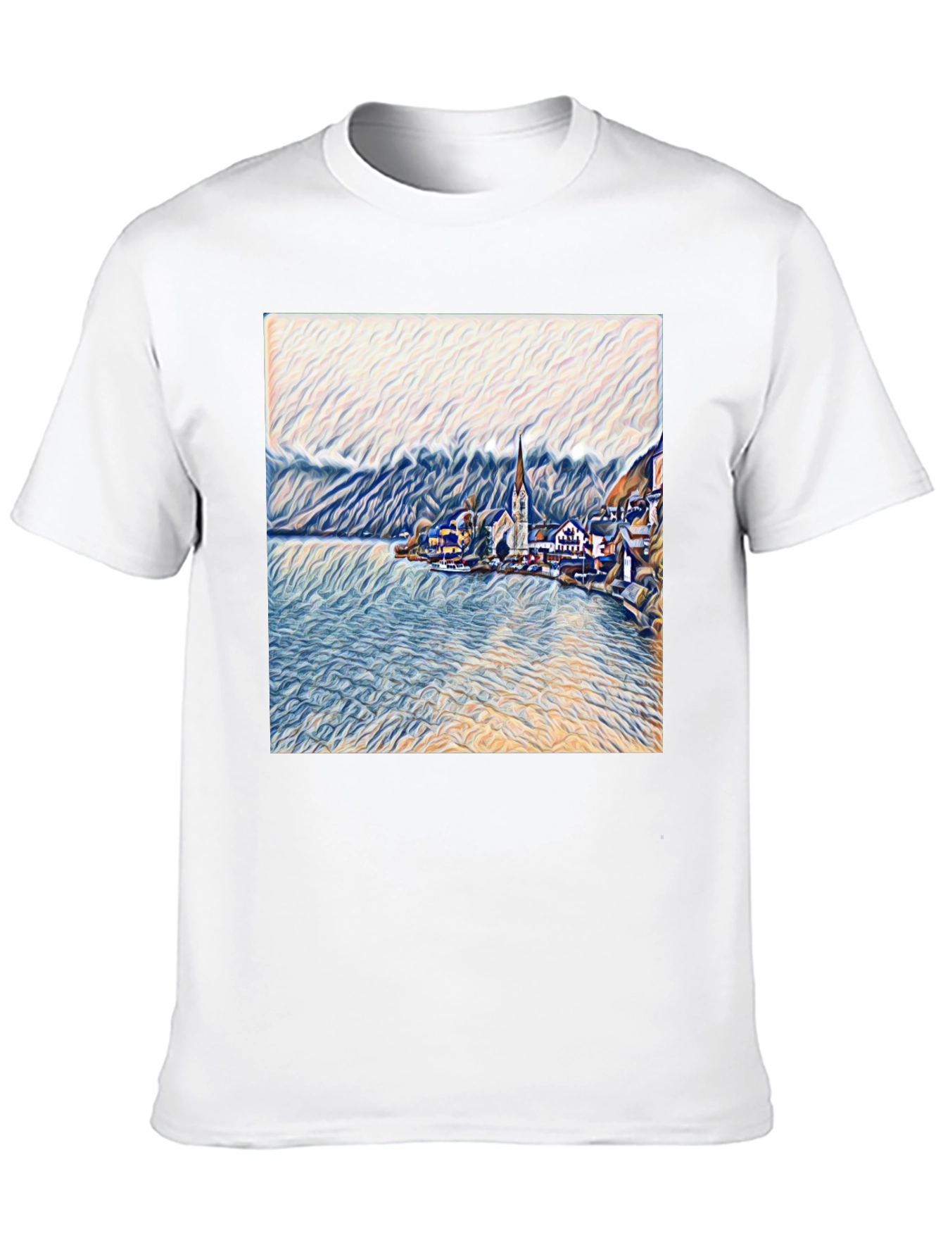 Scenic Lakeside Village Art Print Black T-Shirt