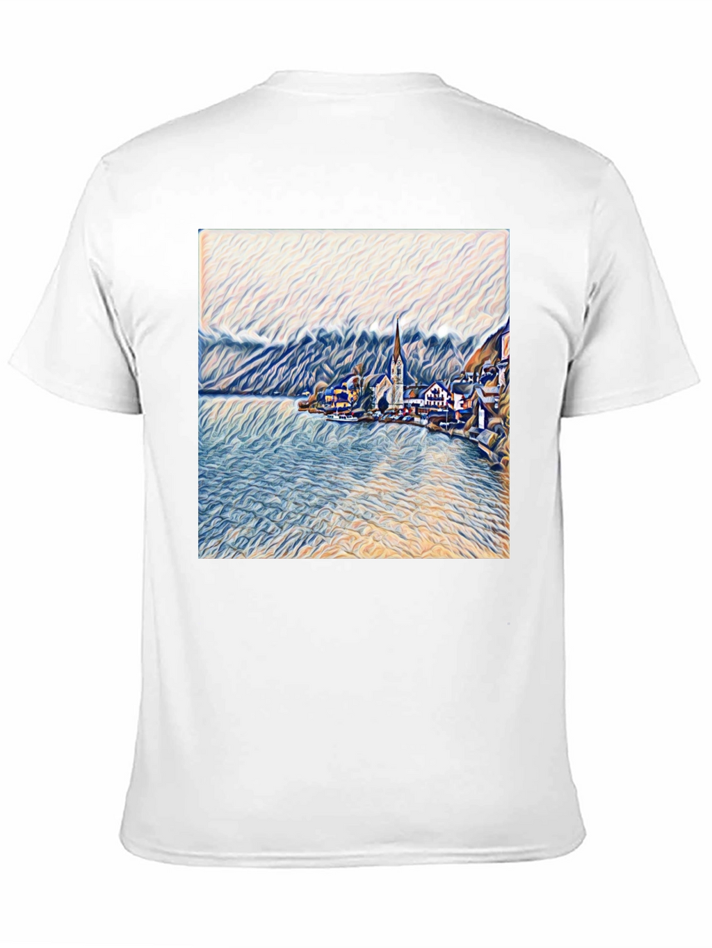 Scenic Lakeside Village Art Print Black T-Shirt
