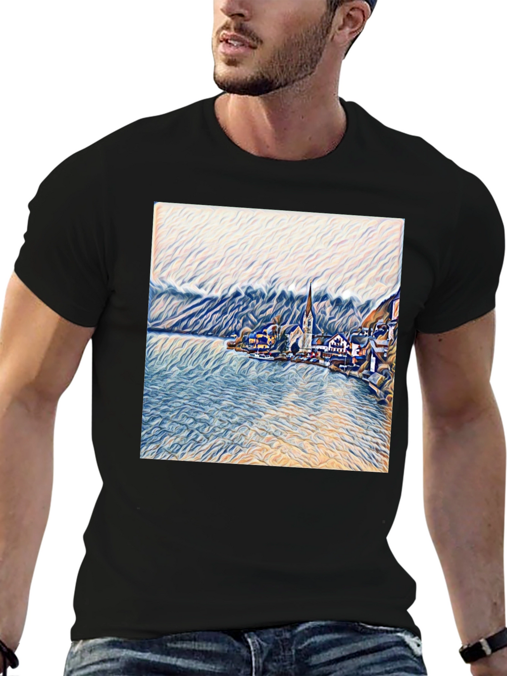 Scenic Lakeside Village Art Print Black T-Shirt