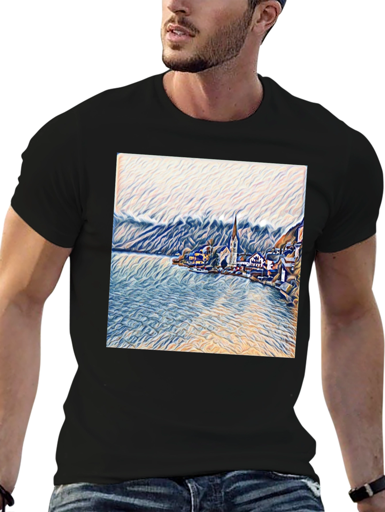 Scenic Lakeside Village Art Print Black T-Shirt