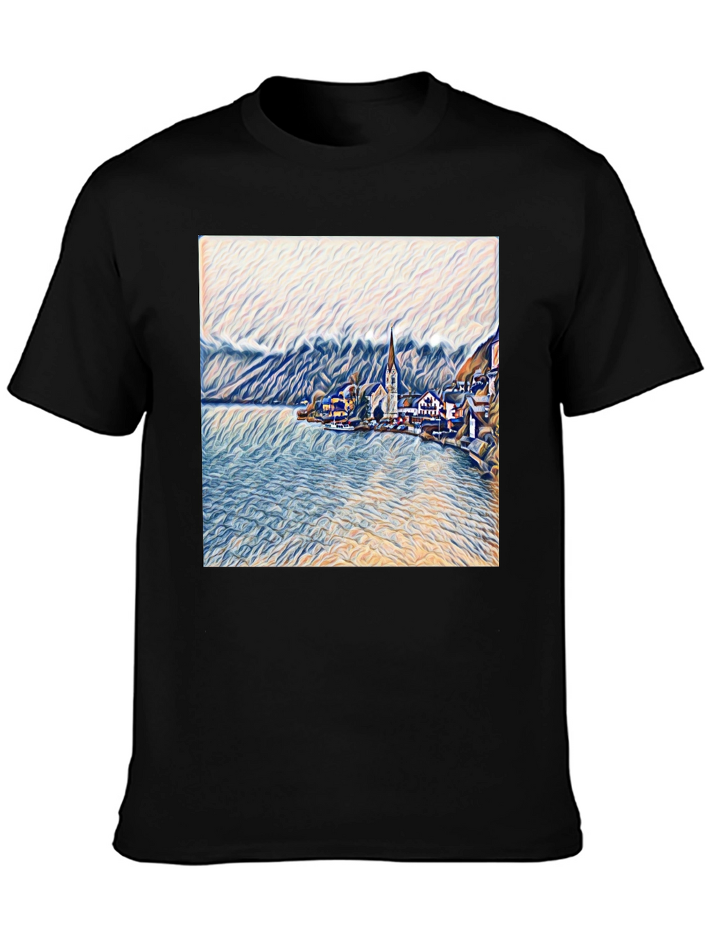 Scenic Lakeside Village Art Print Black T-Shirt