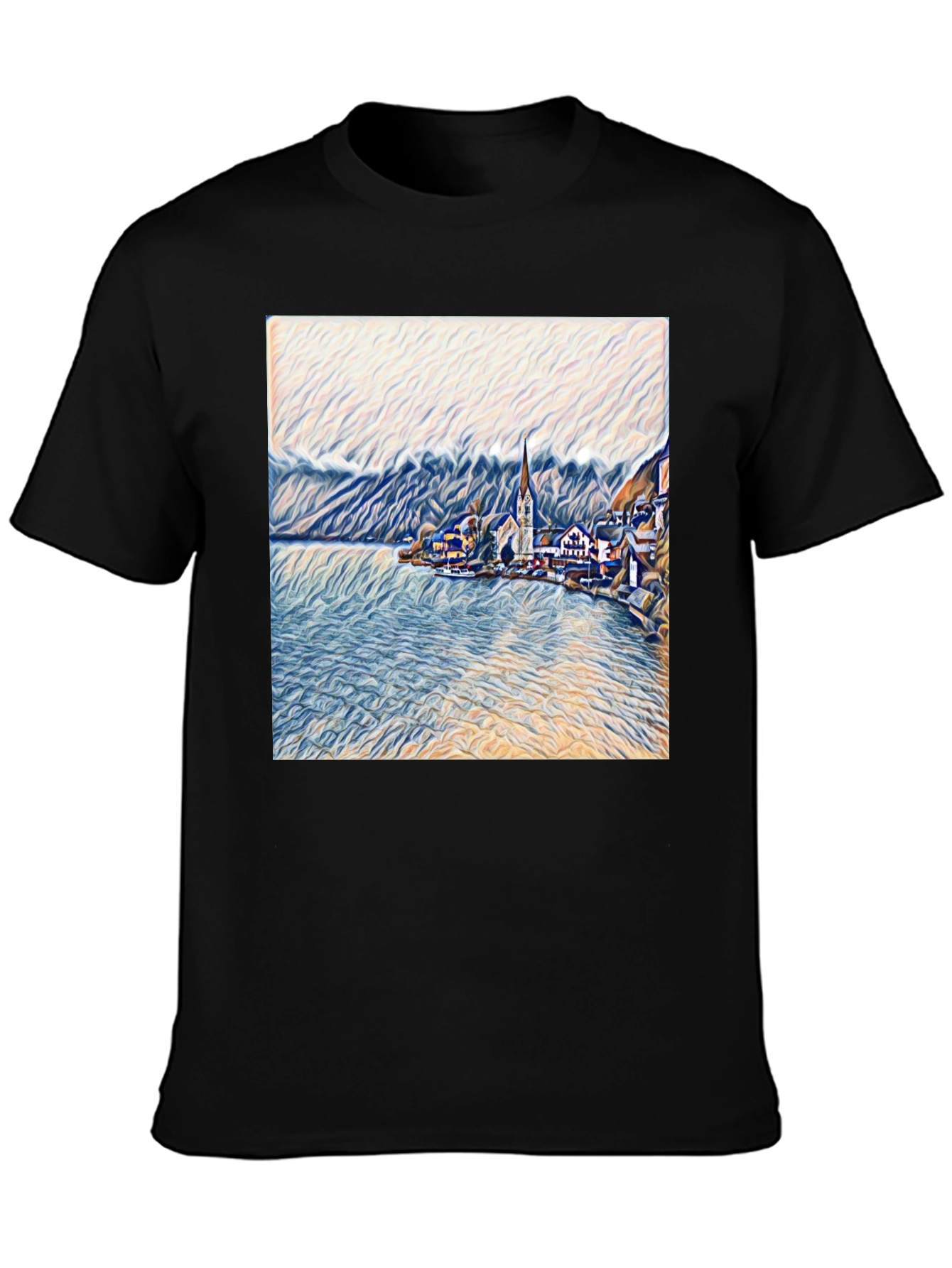 Scenic Lakeside Village Art Print Black T-Shirt
