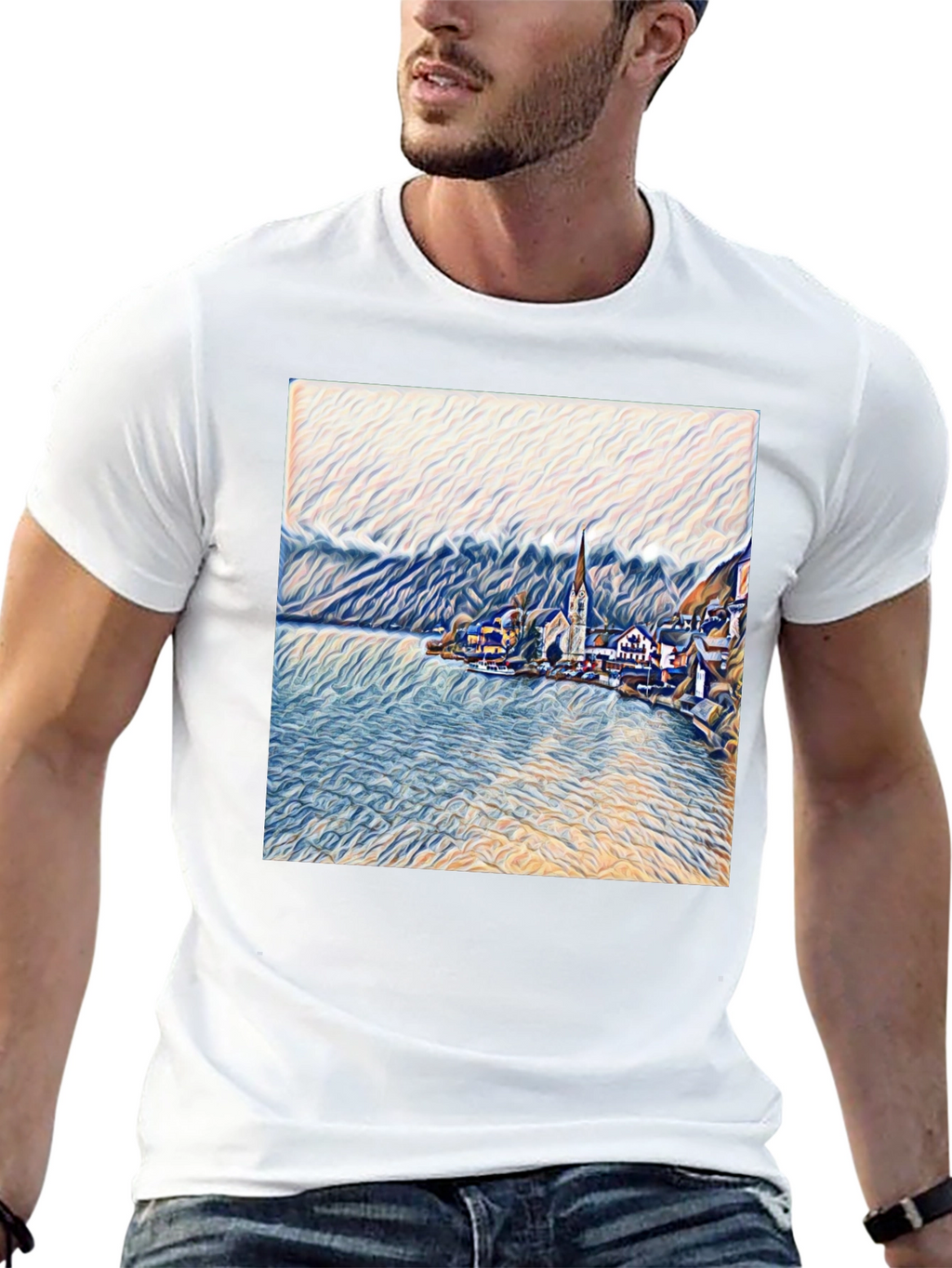 Scenic Lakeside Village Art Print Black T-Shirt