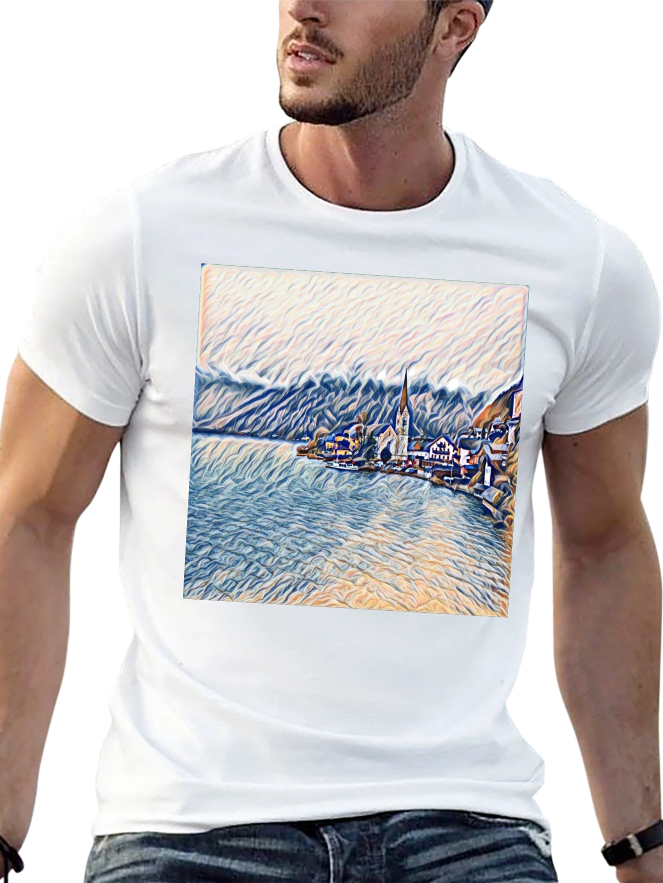 Scenic Lakeside Village Art Print Black T-Shirt