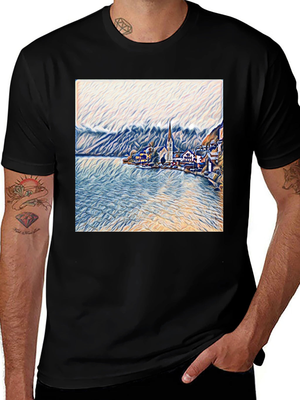 Scenic Lakeside Village Art Print Black T-Shirt