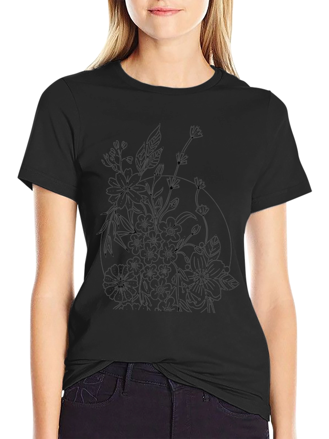 Floral Print Black Casual T-Shirt