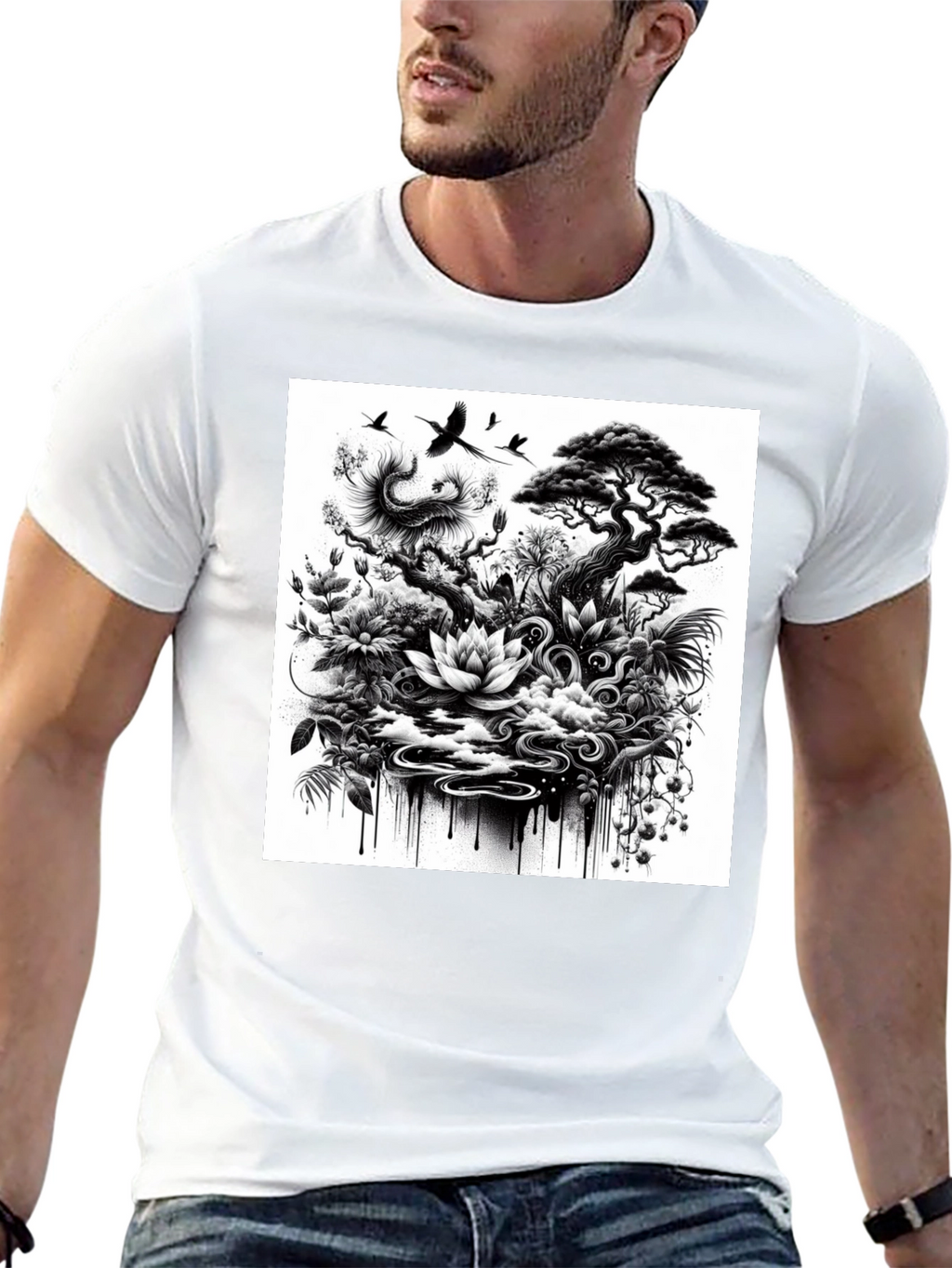 Black T-Shirt with Botanical Art