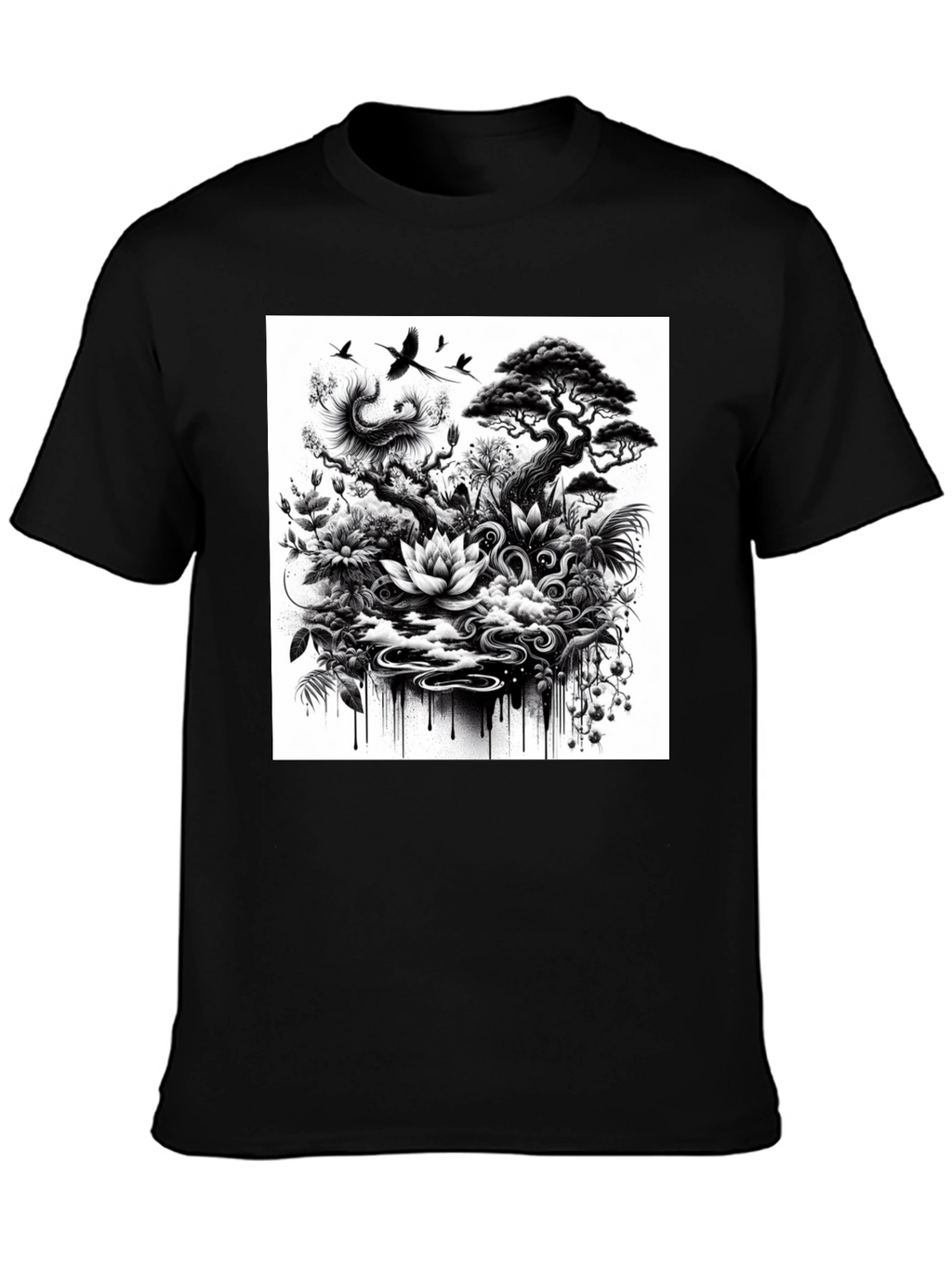 Black T-Shirt with Botanical Art