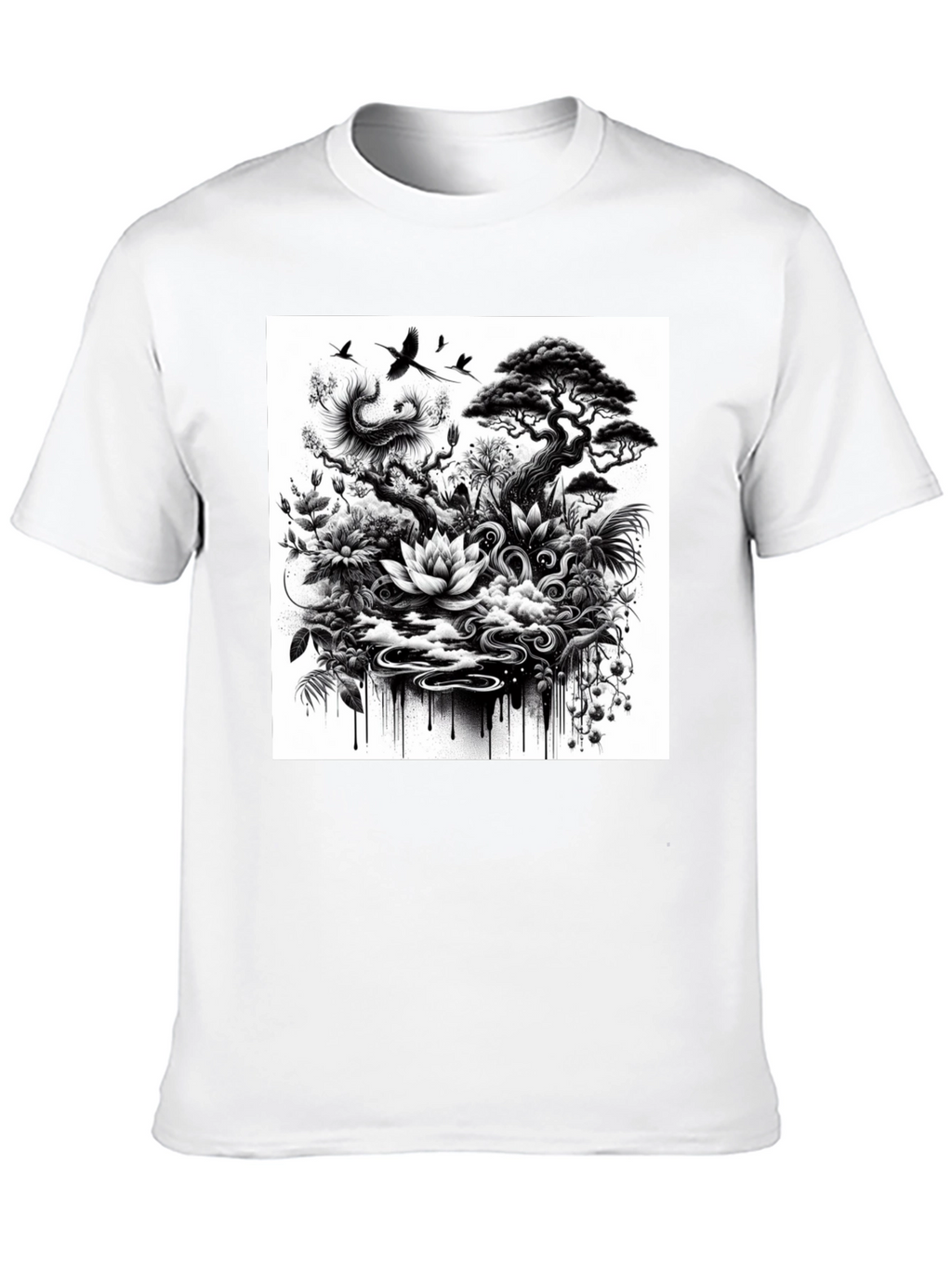 Black T-Shirt with Botanical Art