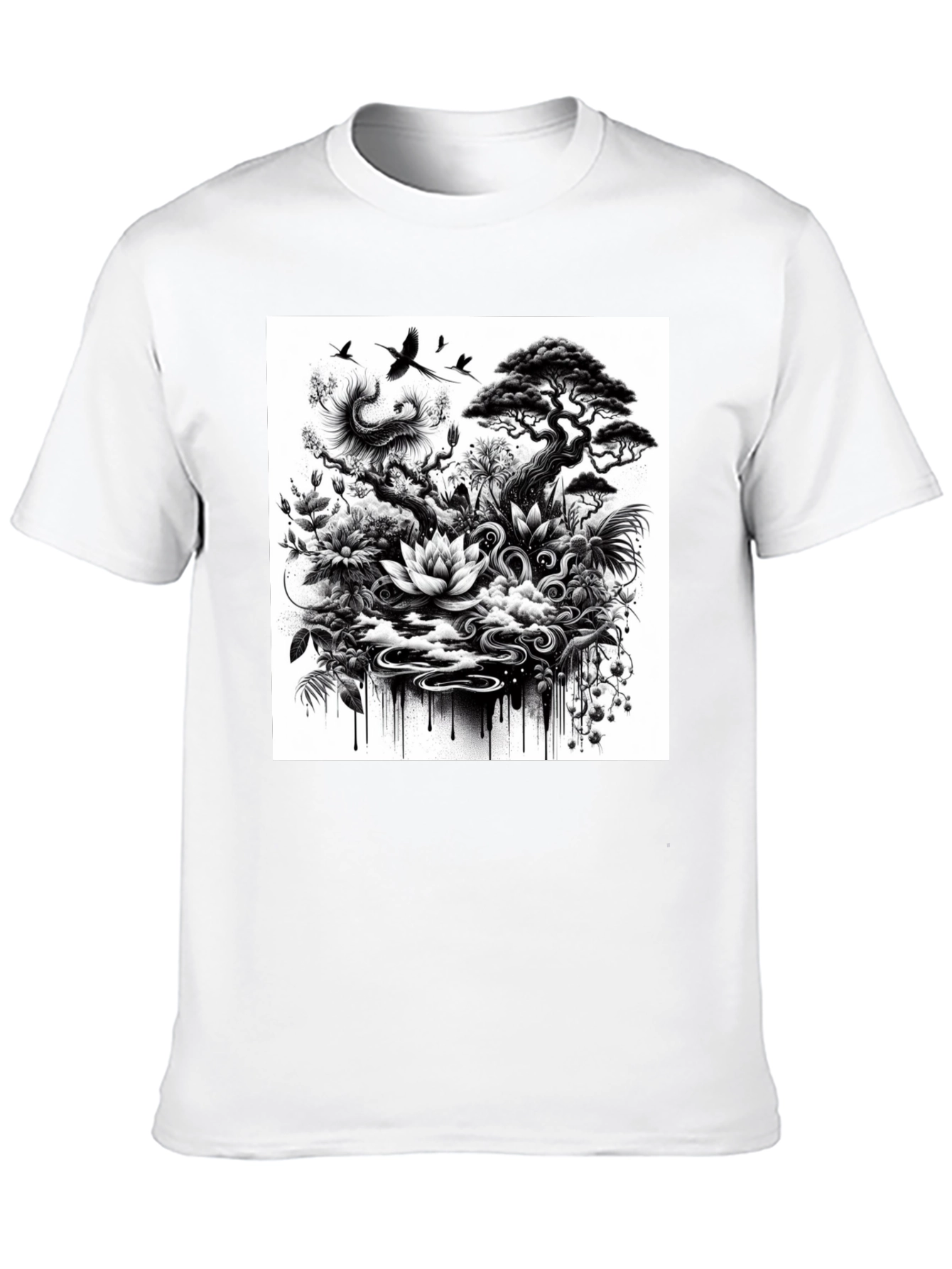 Black T-Shirt with Botanical Art