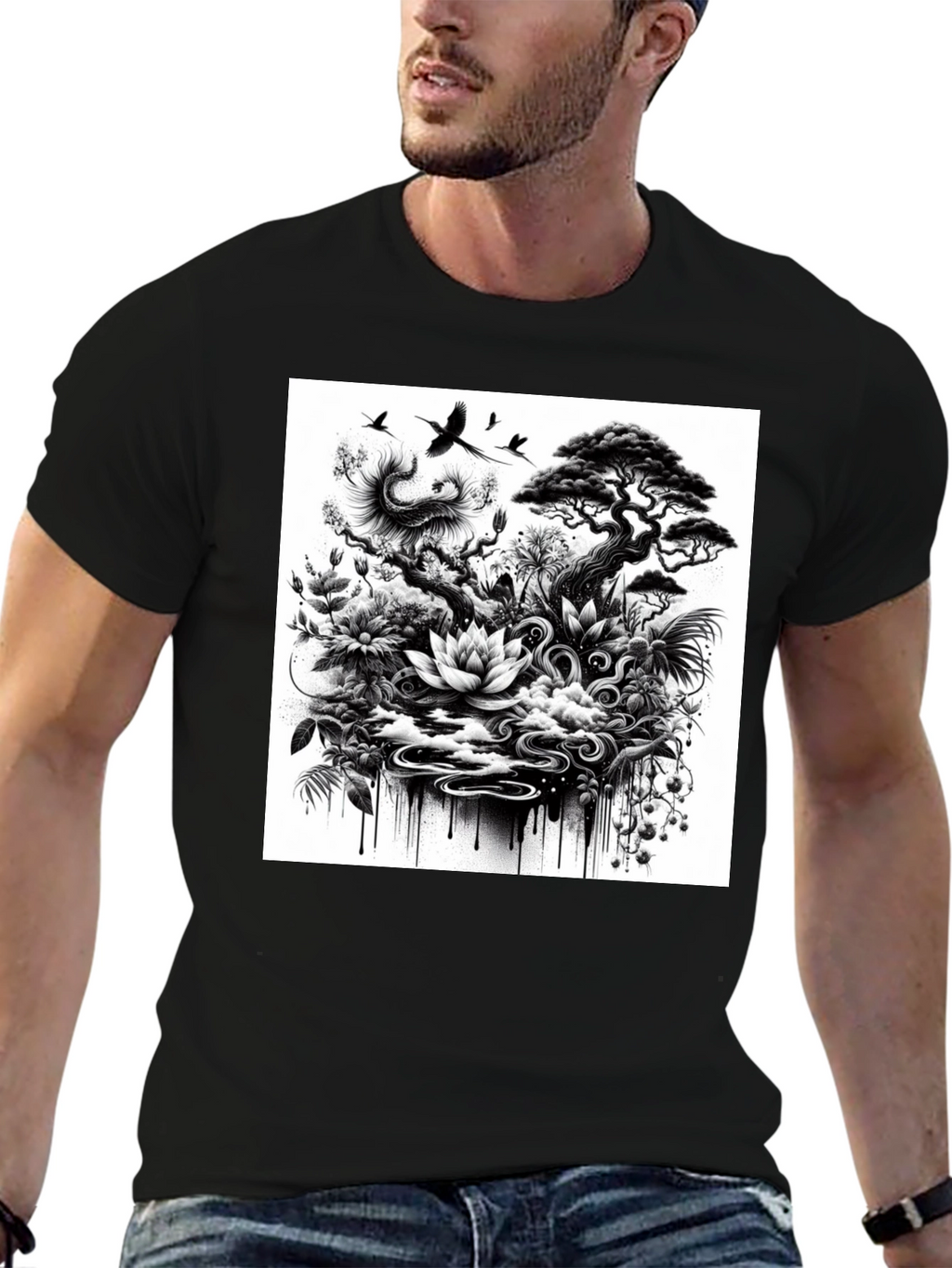 Black T-Shirt with Botanical Art