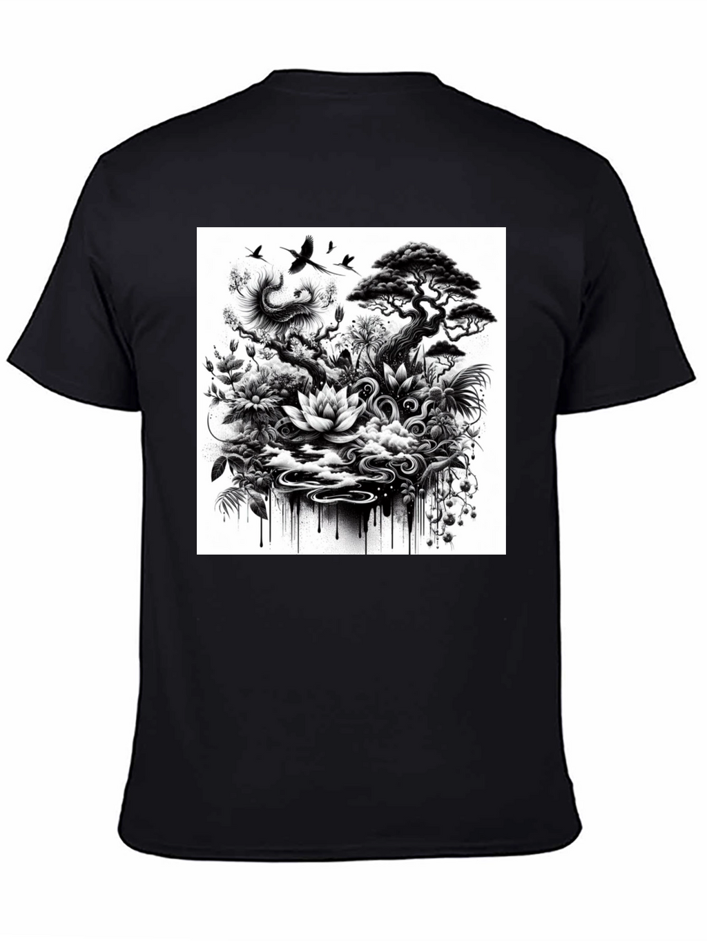 Black T-Shirt with Botanical Art