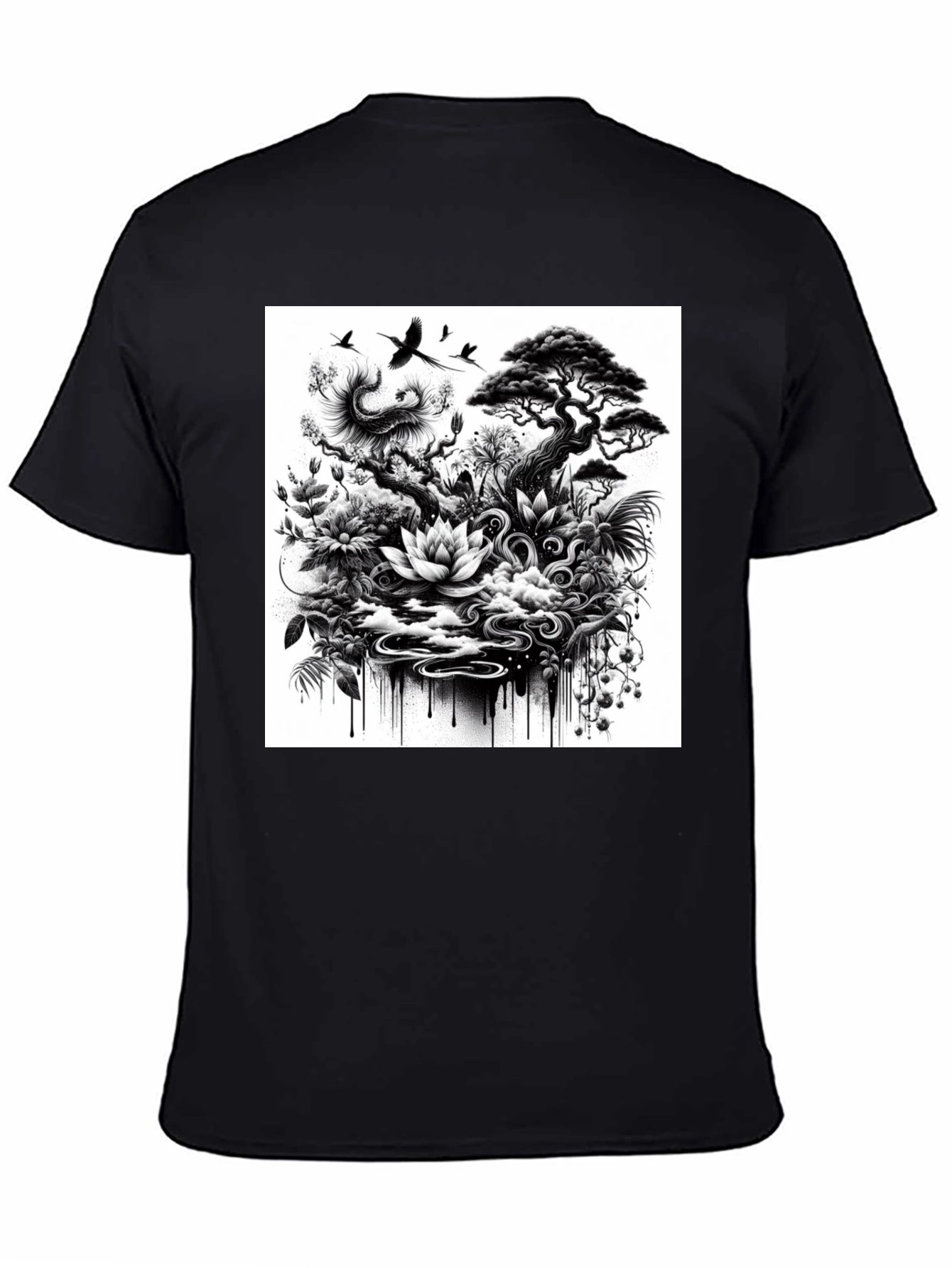 Black T-Shirt with Botanical Art