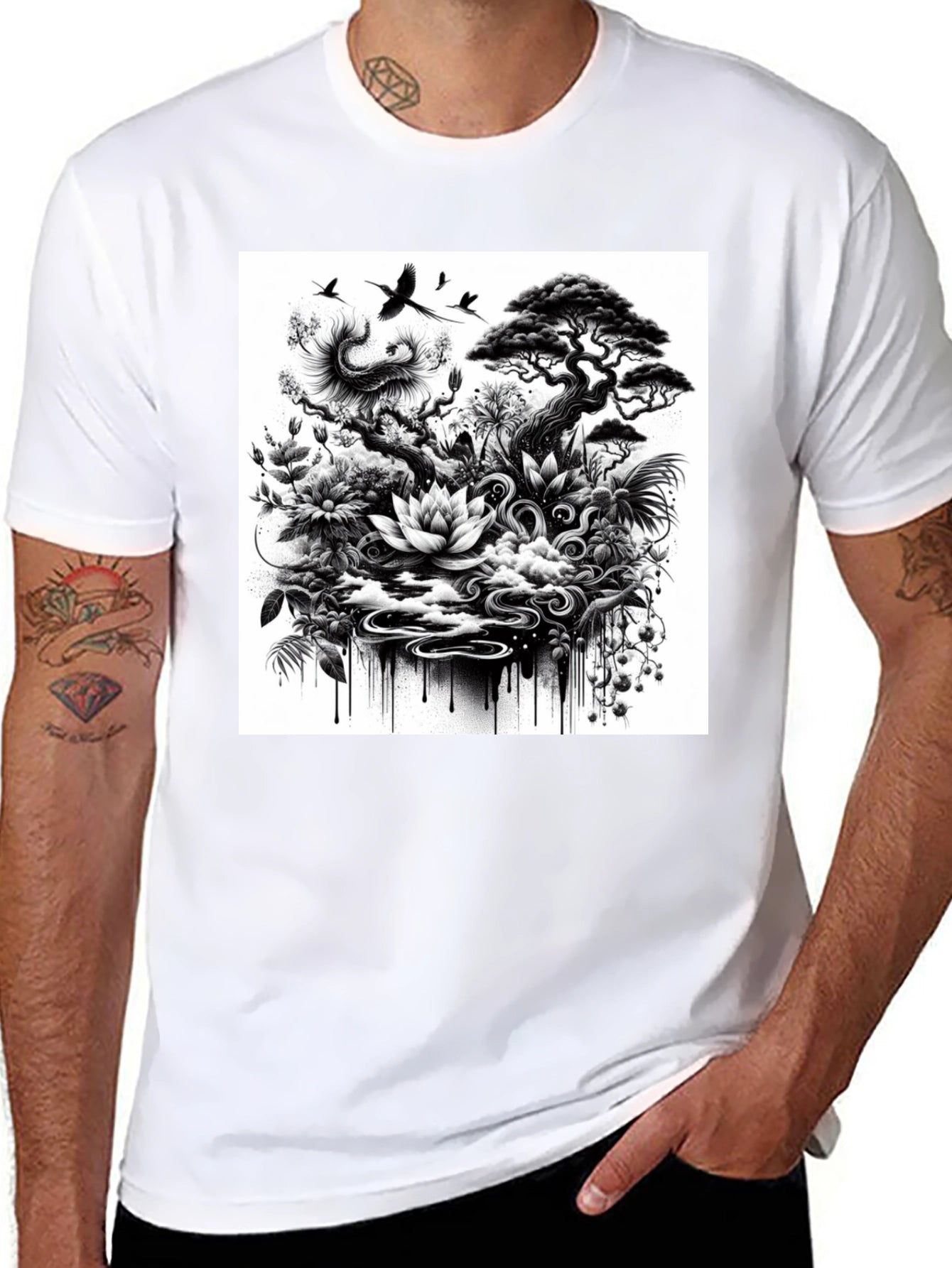 Black T-Shirt with Botanical Art