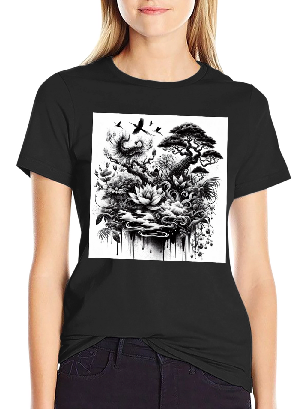 Black T-Shirt with Botanical Art