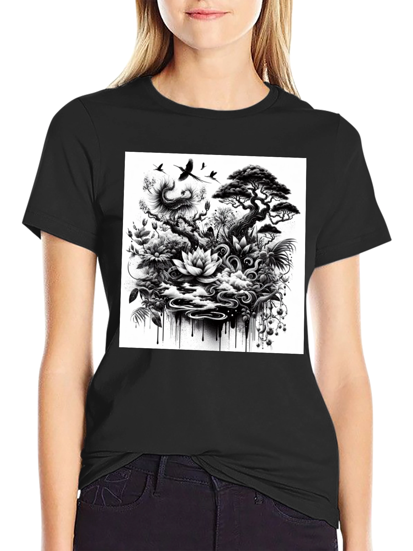 Black T-Shirt with Botanical Art