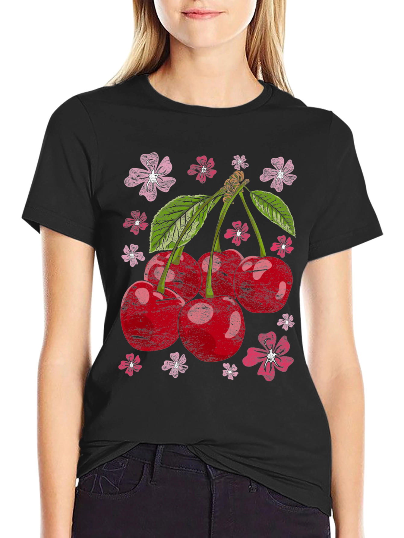 Cherry Blossom Graphic Tee - Black Cotton