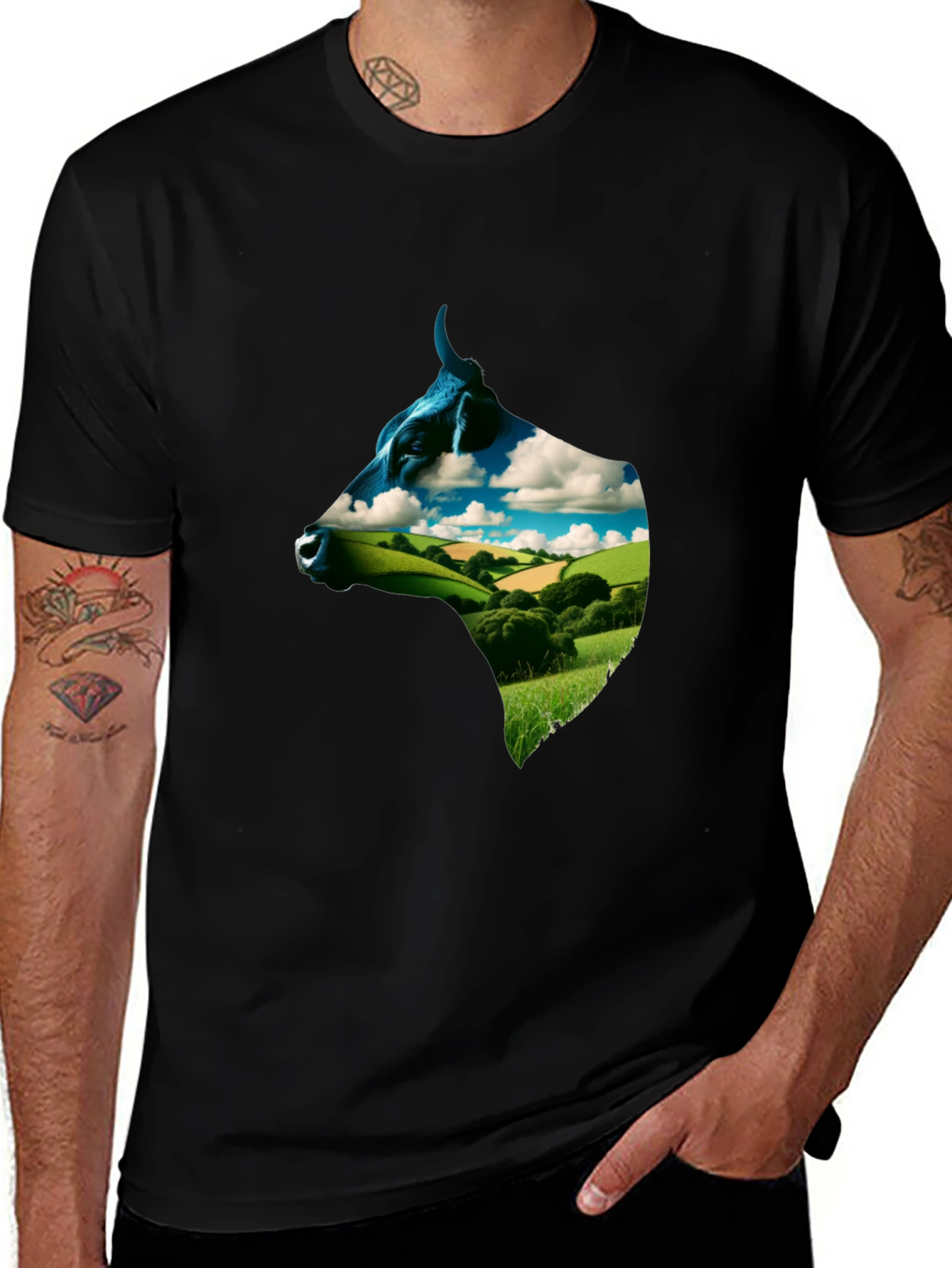 Cow Head Landscape Graphic Tee - Black