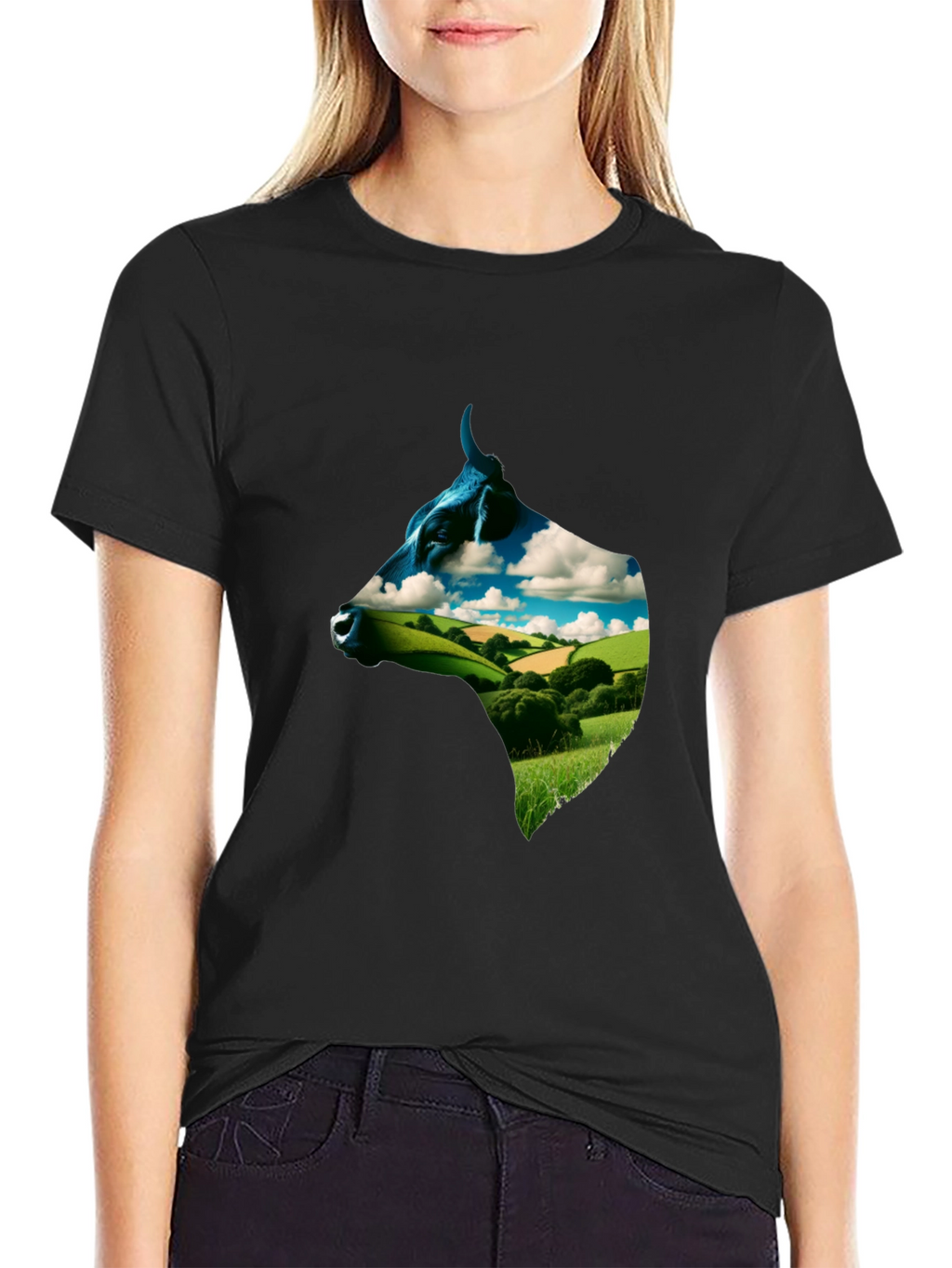 Cow Head Landscape Graphic Tee - Black