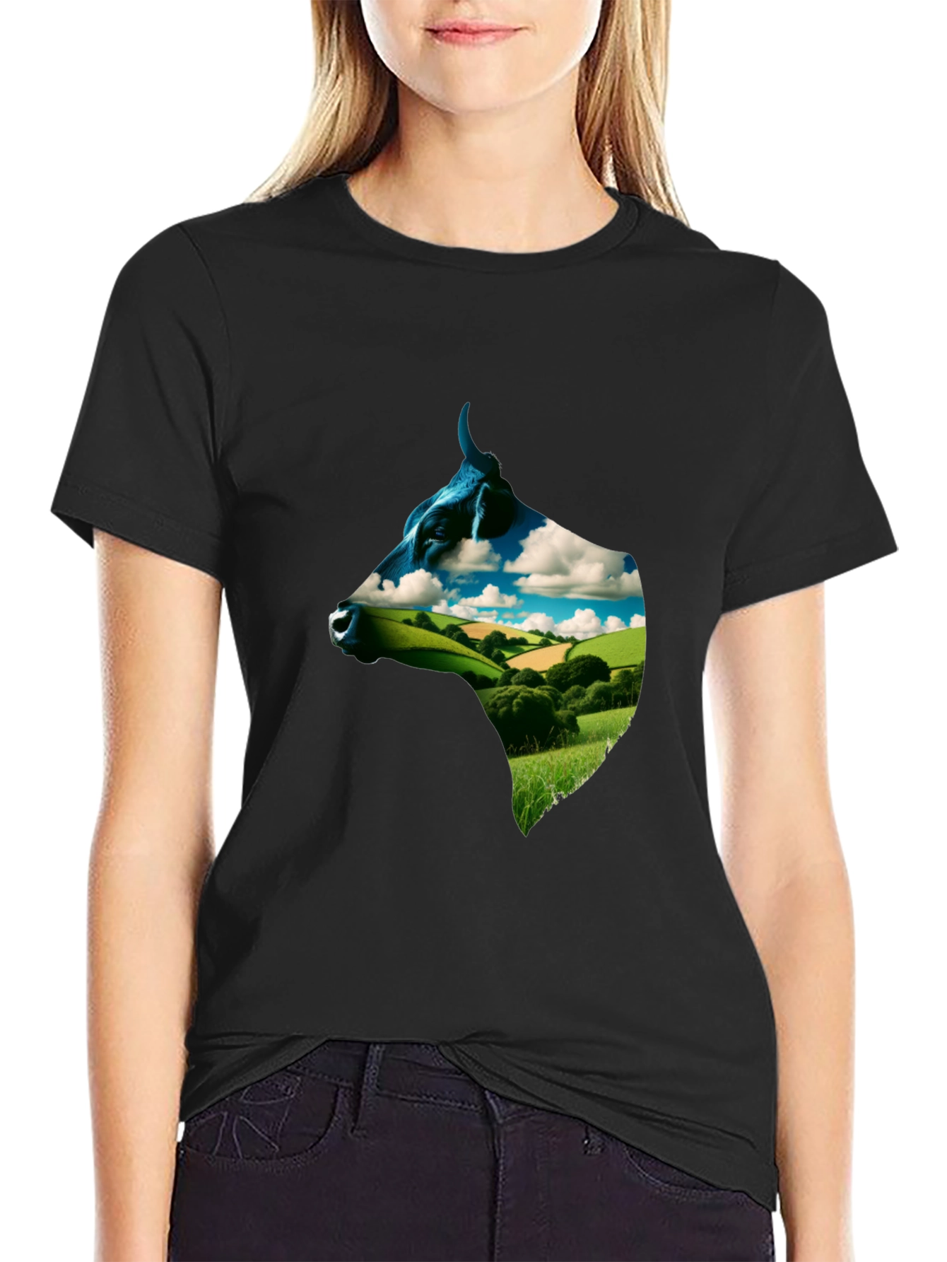 Cow Head Landscape Graphic Tee - Black