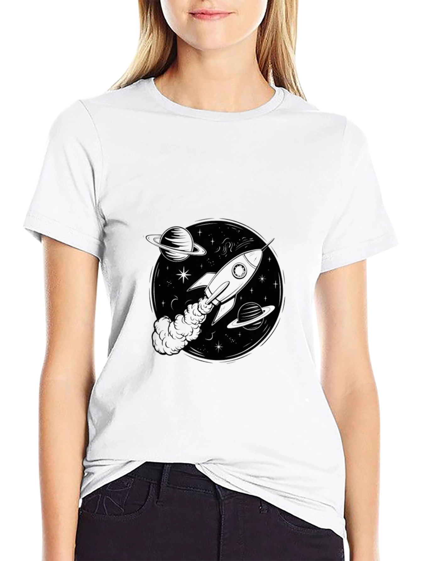 Rocket in Space Black T-Shirt