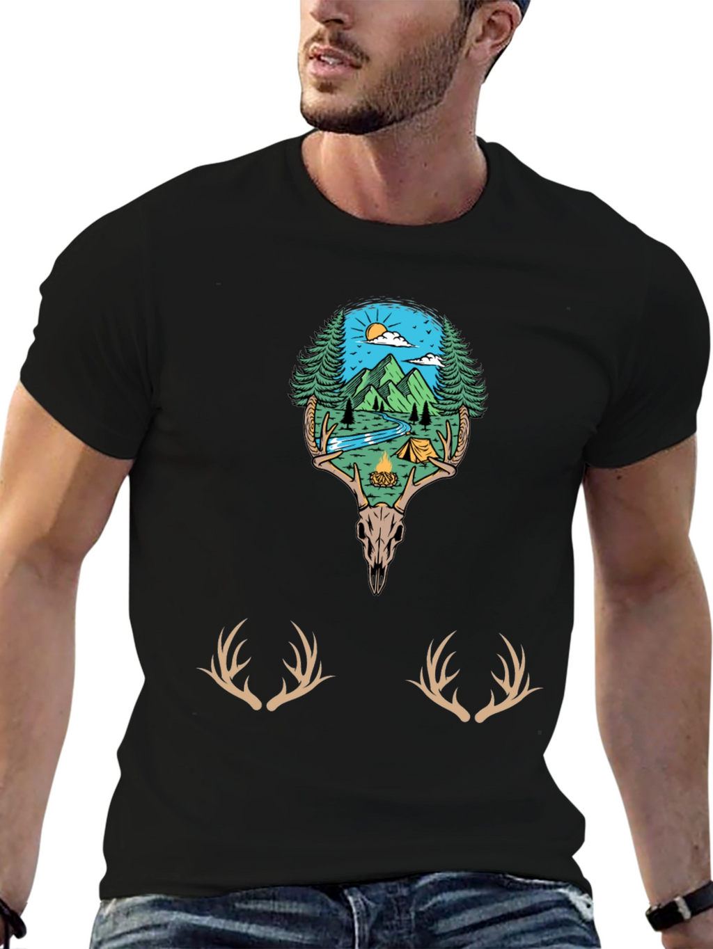 Camping Scene Deer Skull Graphic Tee
