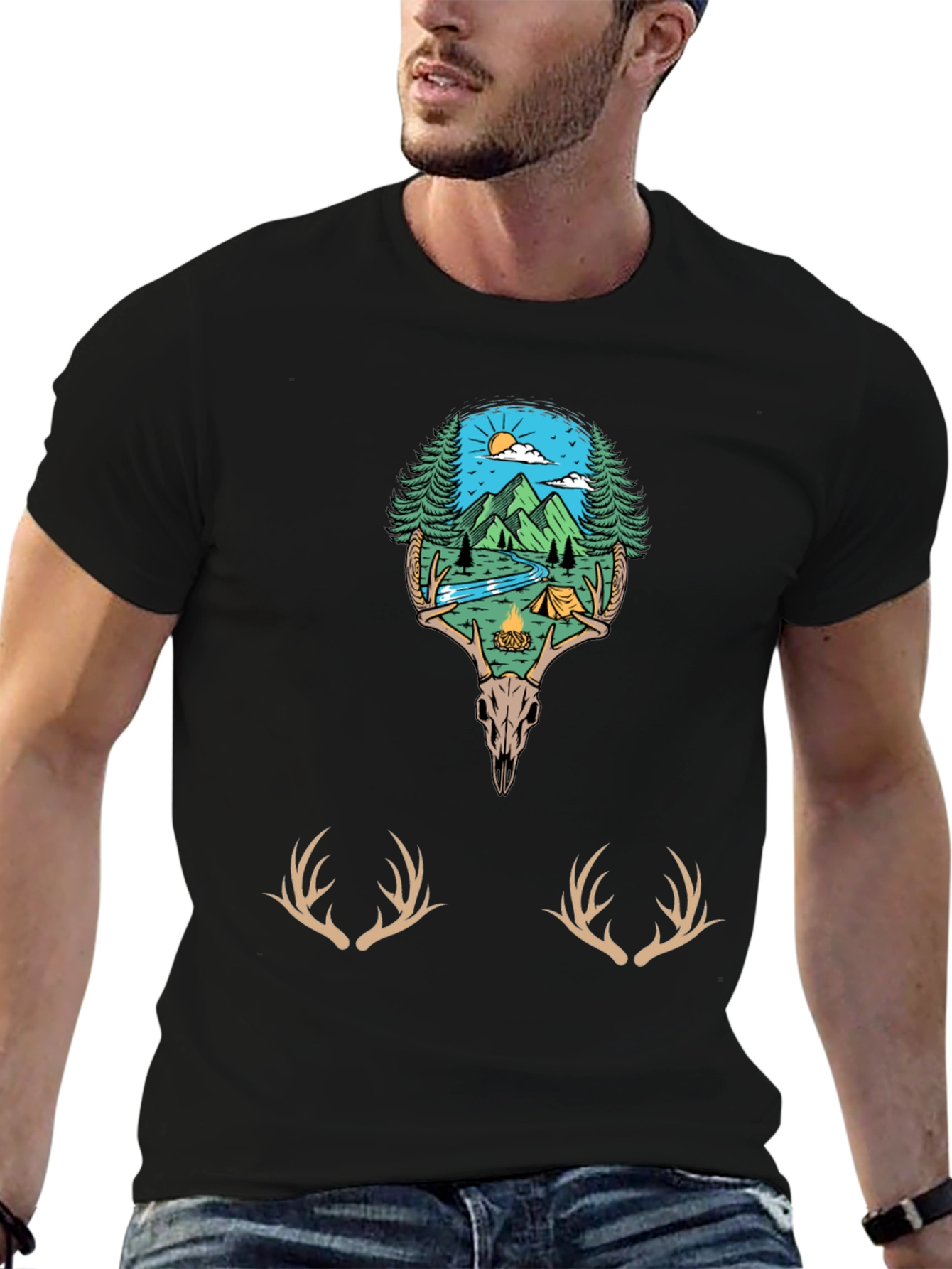 Camping Scene Deer Skull Graphic Tee