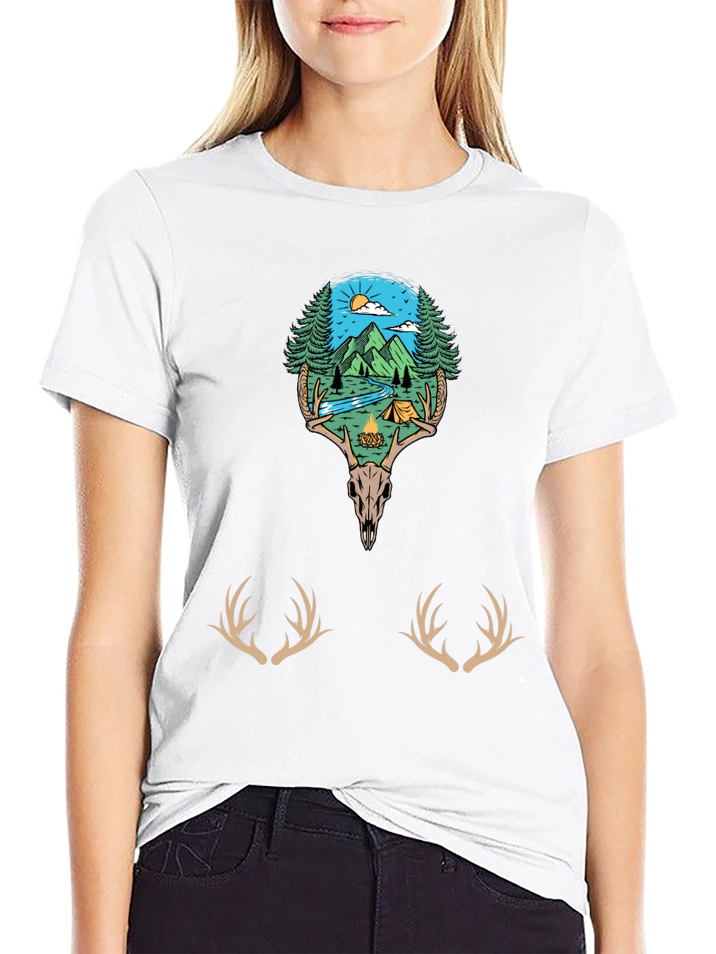 Camping Scene Deer Skull Graphic Tee