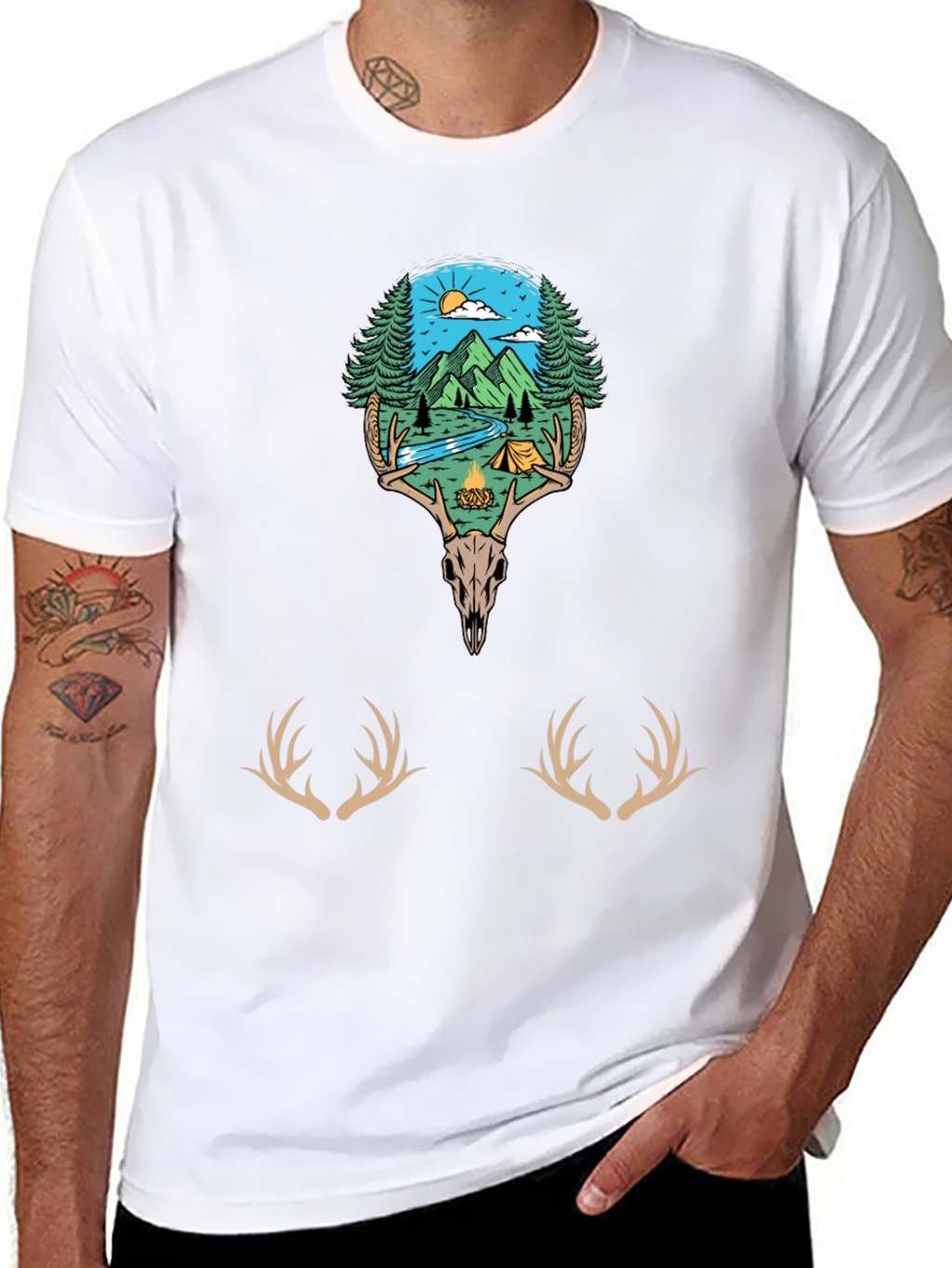 Camping Scene Deer Skull Graphic Tee