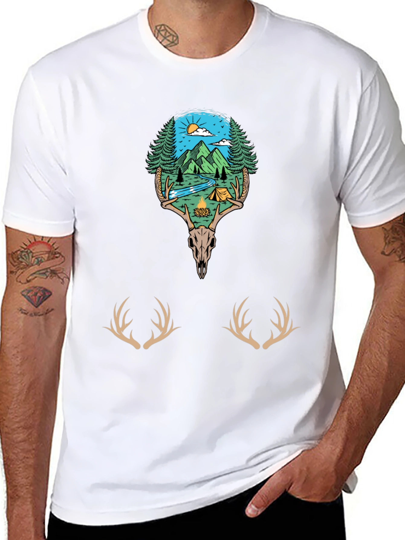 Camping Scene Deer Skull Graphic Tee