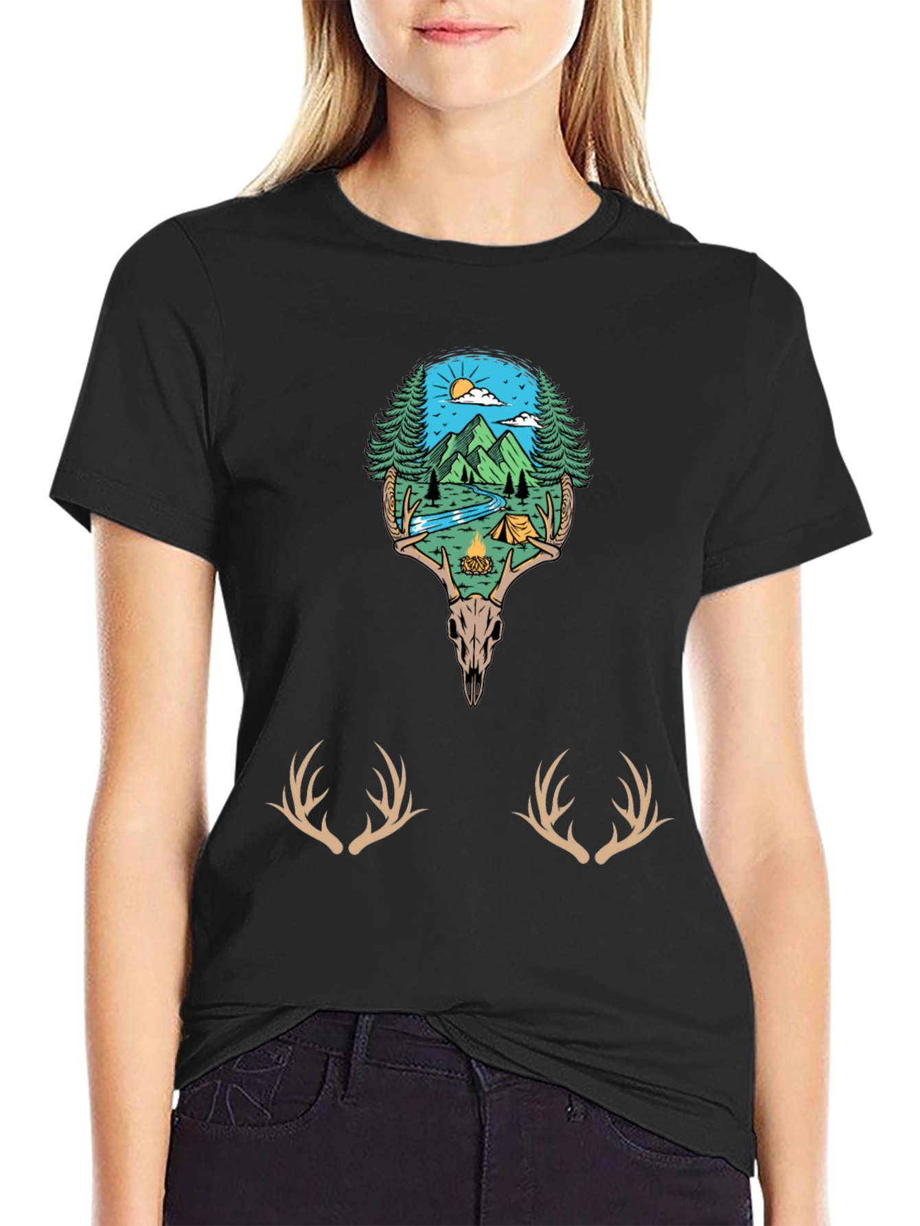 Camping Scene Deer Skull Graphic Tee