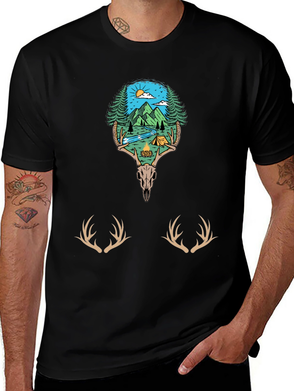 Camping Scene Deer Skull Graphic Tee