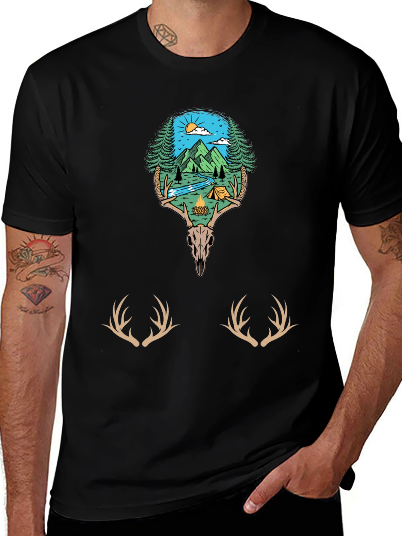 Camping Scene Deer Skull Graphic Tee