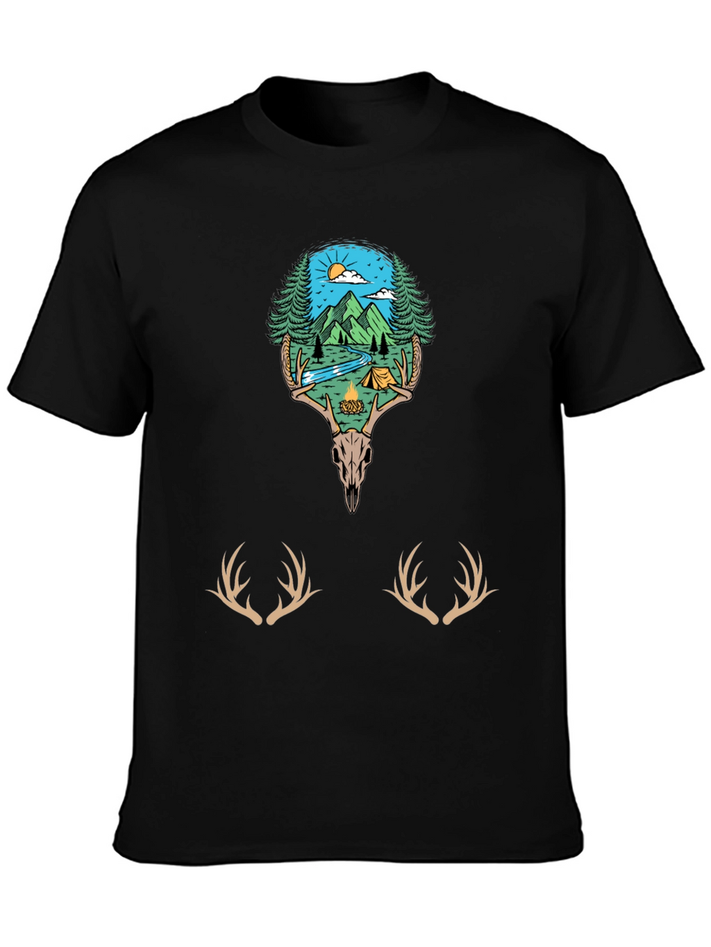 Camping Scene Deer Skull Graphic Tee