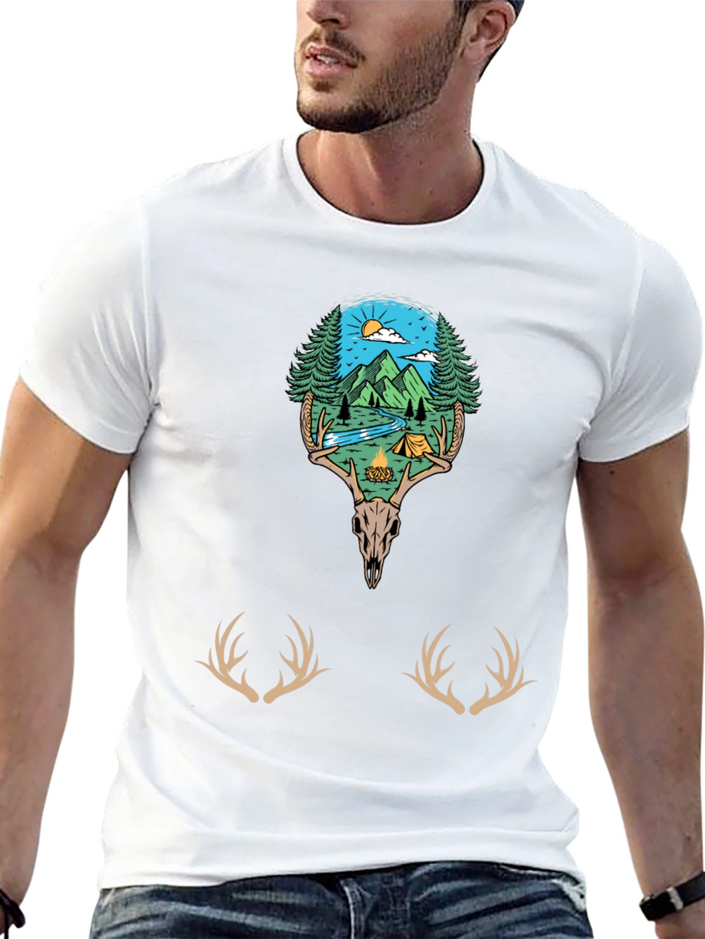 Camping Scene Deer Skull Graphic Tee