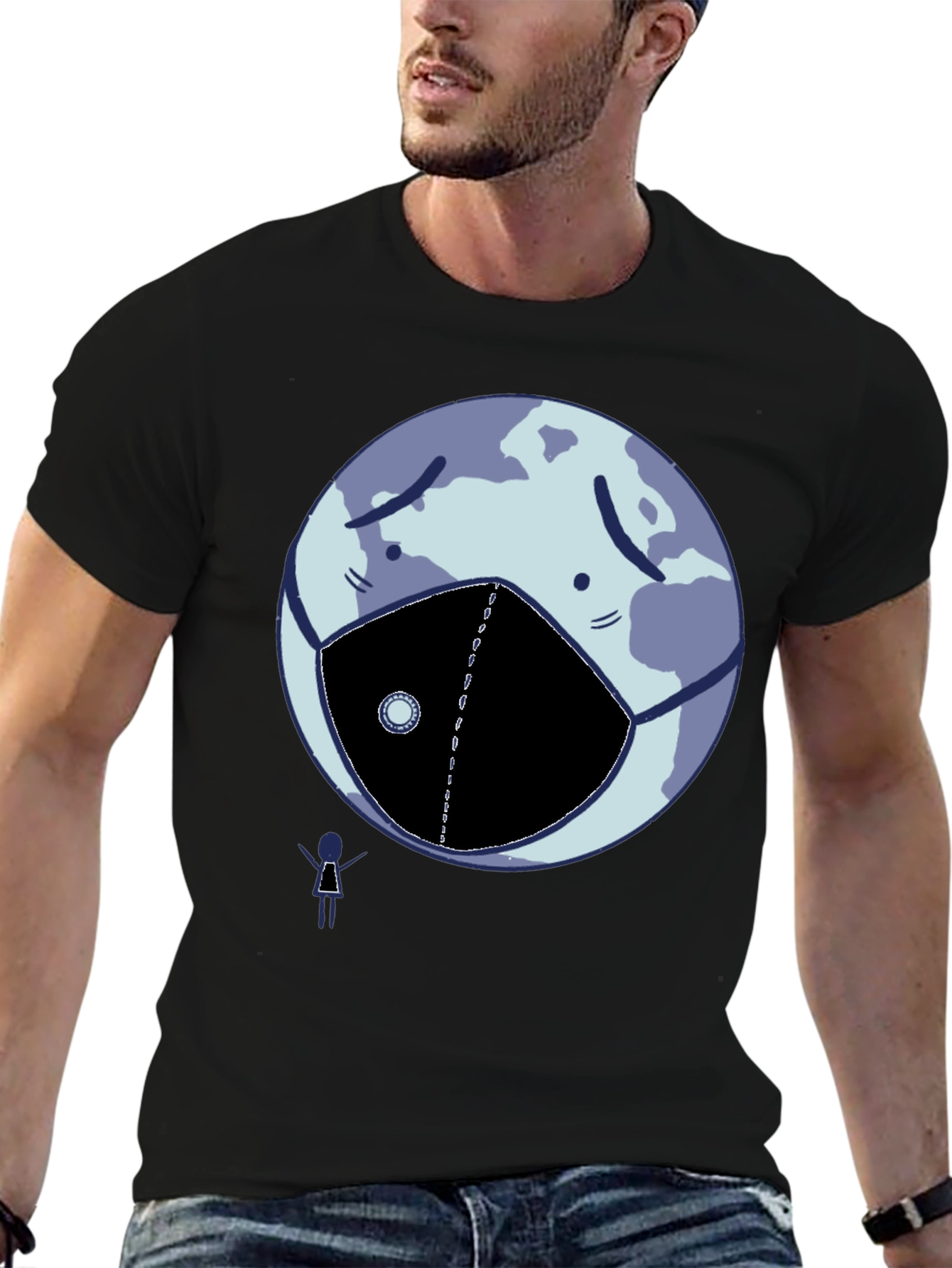 Earth Wearing Mask Graphic Tee - Black Cotton