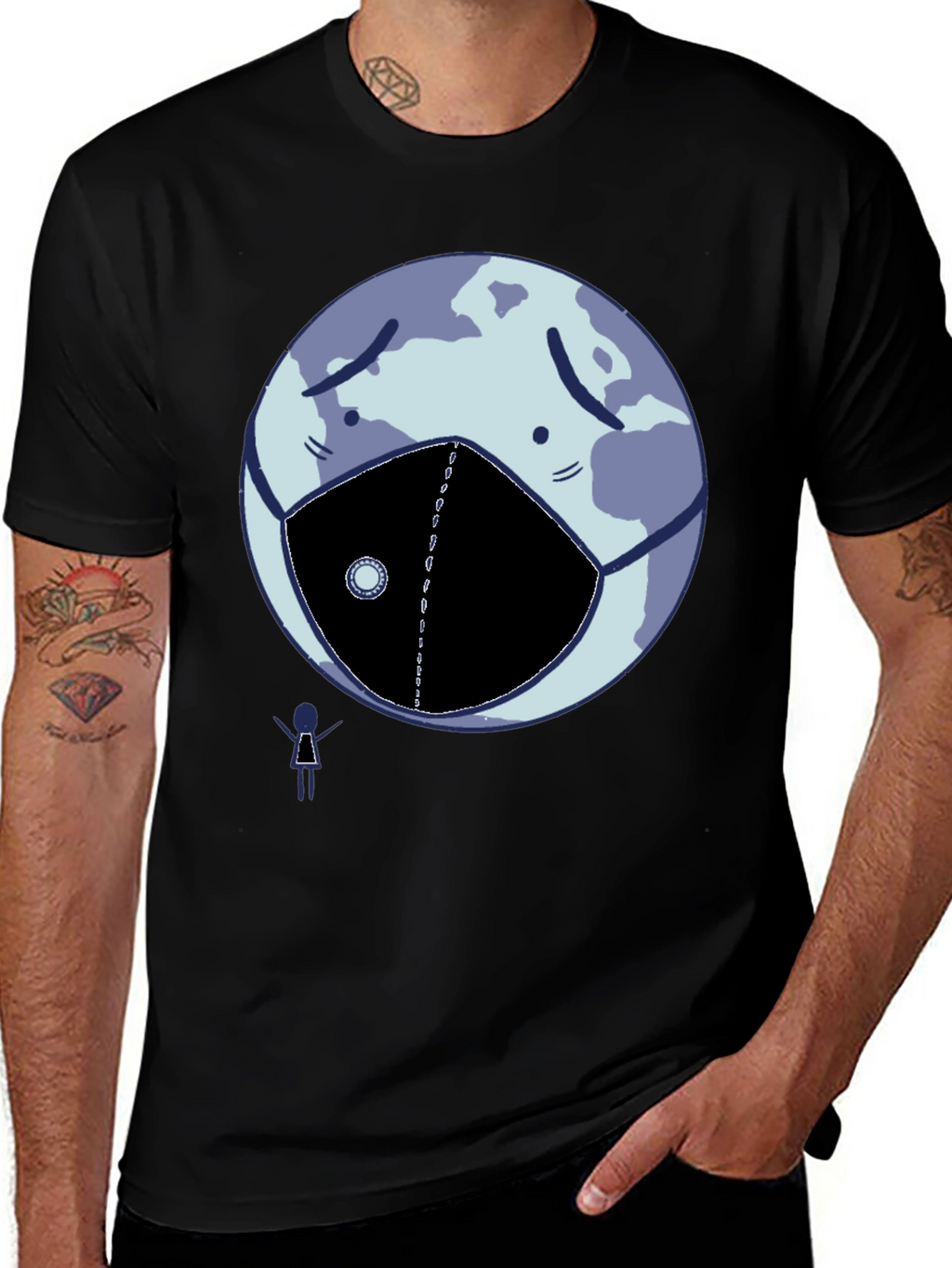 Earth Wearing Mask Graphic Tee - Black Cotton