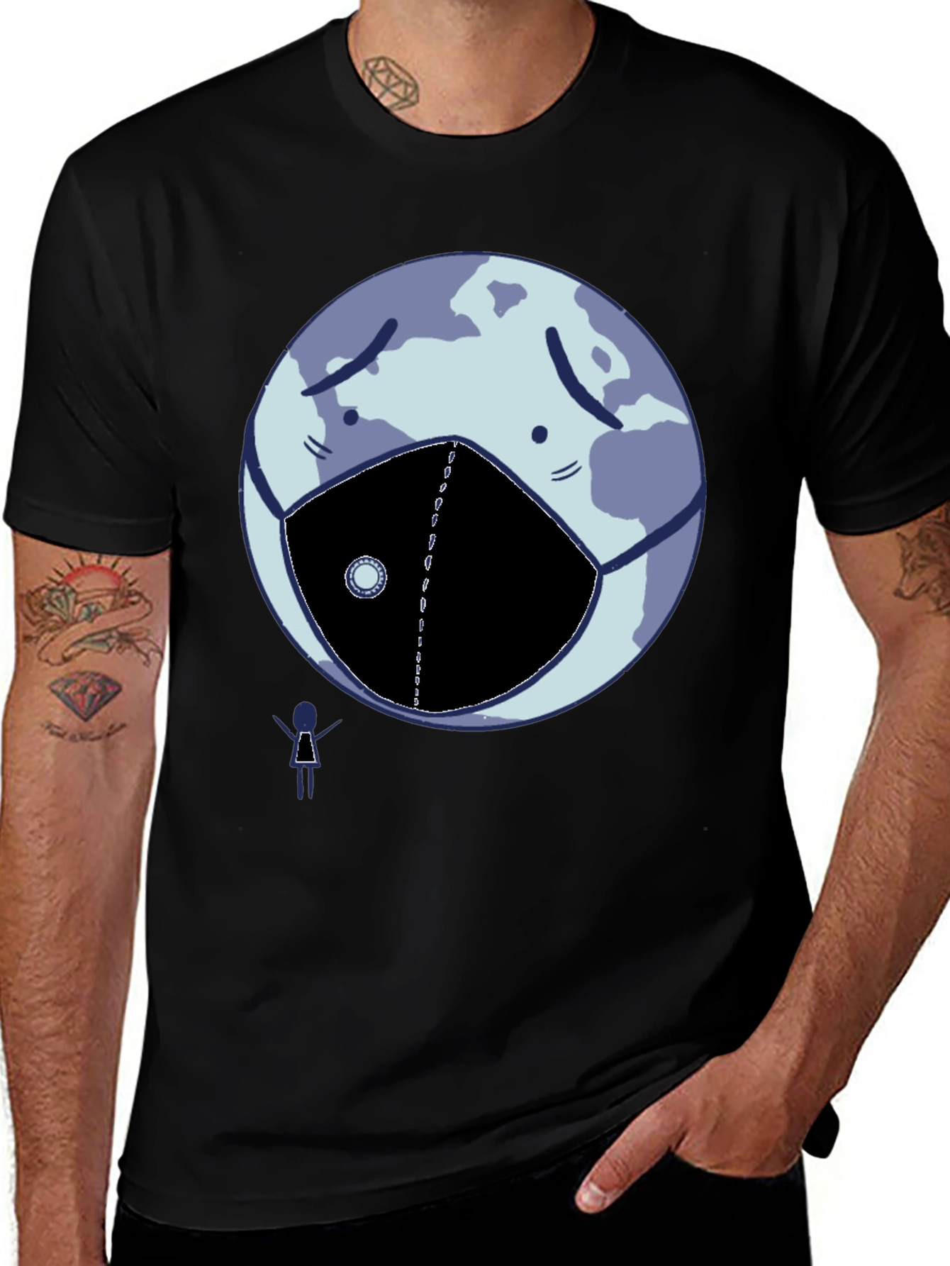 Earth Wearing Mask Graphic Tee - Black Cotton